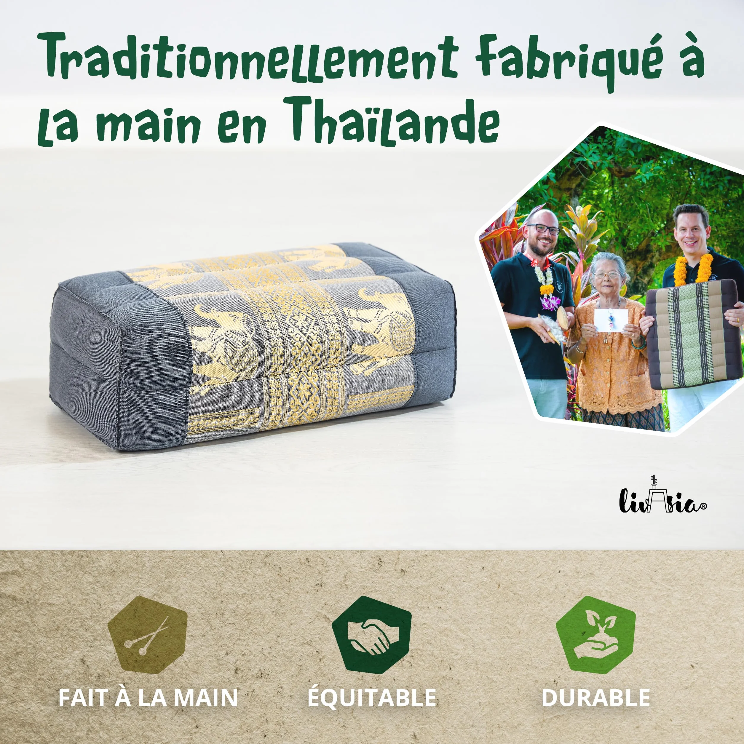 Livasia Coussin Yoga carré Bloc Soie thaï - 17x34x12cm - Coussin de méditation kapok, Coussin de Soutien rectangulaire, Accessoire Yoga Pilates Coussin cale-Nuque, Fait Main (Gris/Éléphants Soie)
