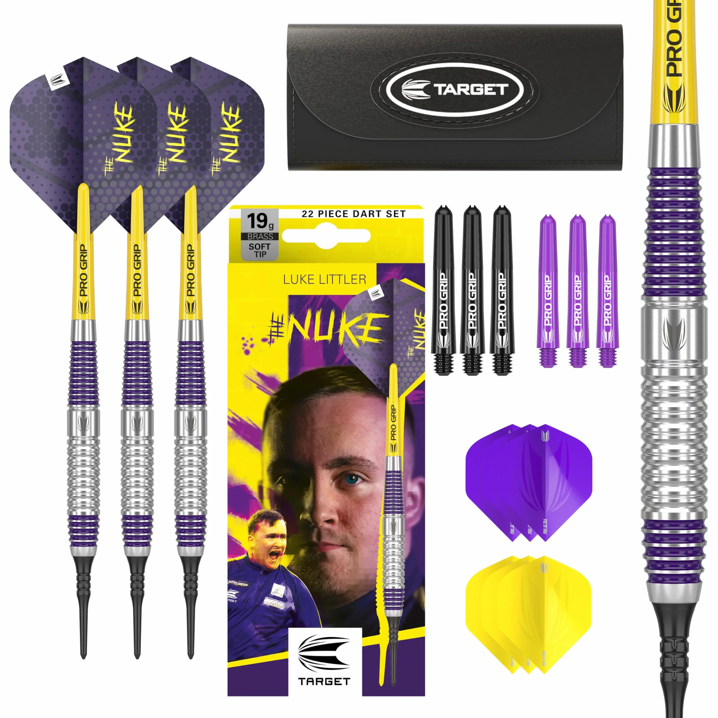 Target Darts Luke Littler Ensemble de Fléchettes à Pointe Souple en Laiton - Fléchettes à Pointe en Pixel 19G, Ensemble de Fléchettes The Nuke Player Edition, Flights de Fléchettes, Flèches et Étui