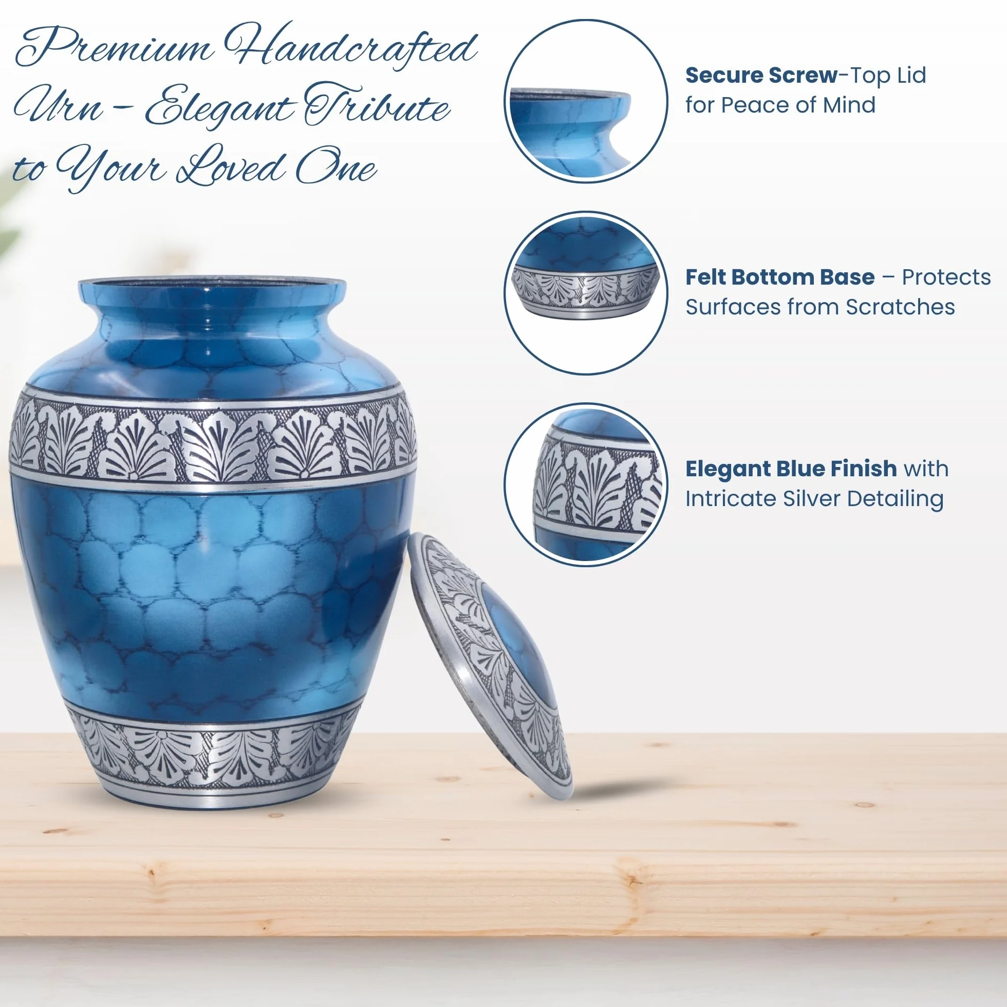 Urne funéraire gravée en argent pour cendres humaines fabriquée à la main grande 19,1 x 19,1 x 24,1 cm bleu nuage avec sac