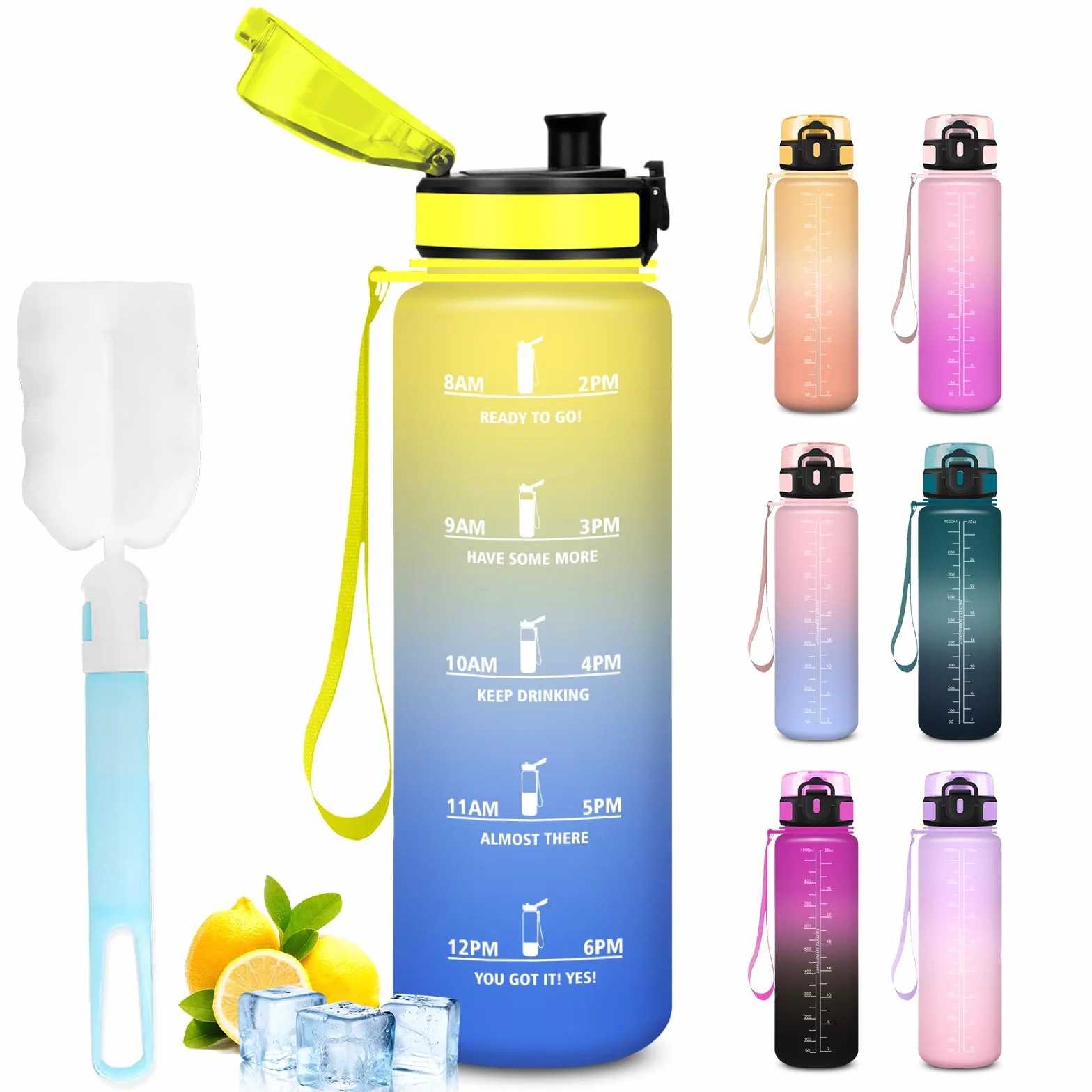 Gourde 1l, Gourde Sport, Facile à Nettoyer, Bouteille avec Verrou de Sécurité, Bouteille d'eau Avec Spazzolare, Bouteille Plastique avec Marqueur de Temps, pour Running, École, Sport, Bureau