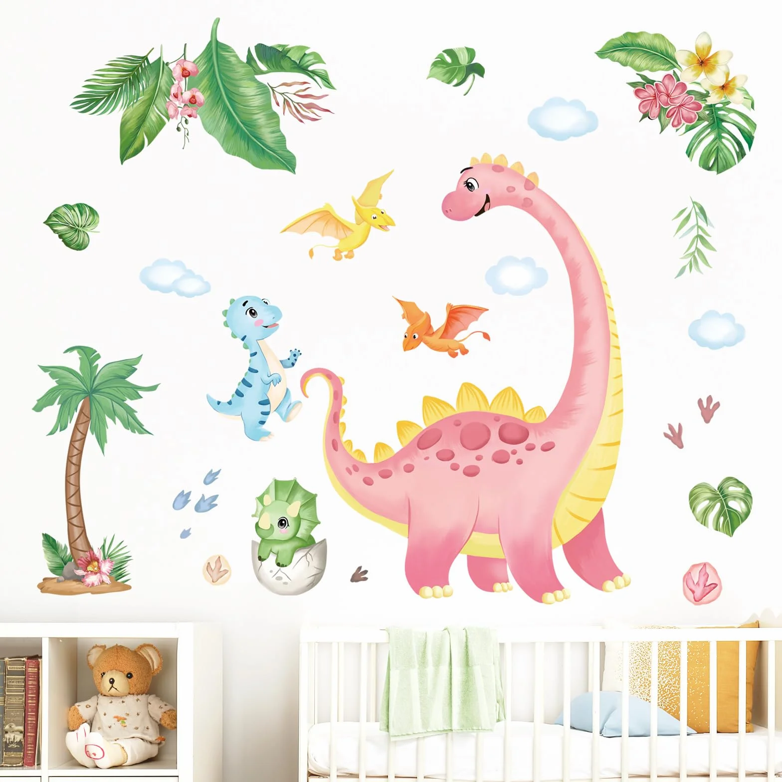 Autocollants Muraux Dinosaure Aquarelle Rose Dino Empreinte Nuages PVC Amovible Enfants Chambre