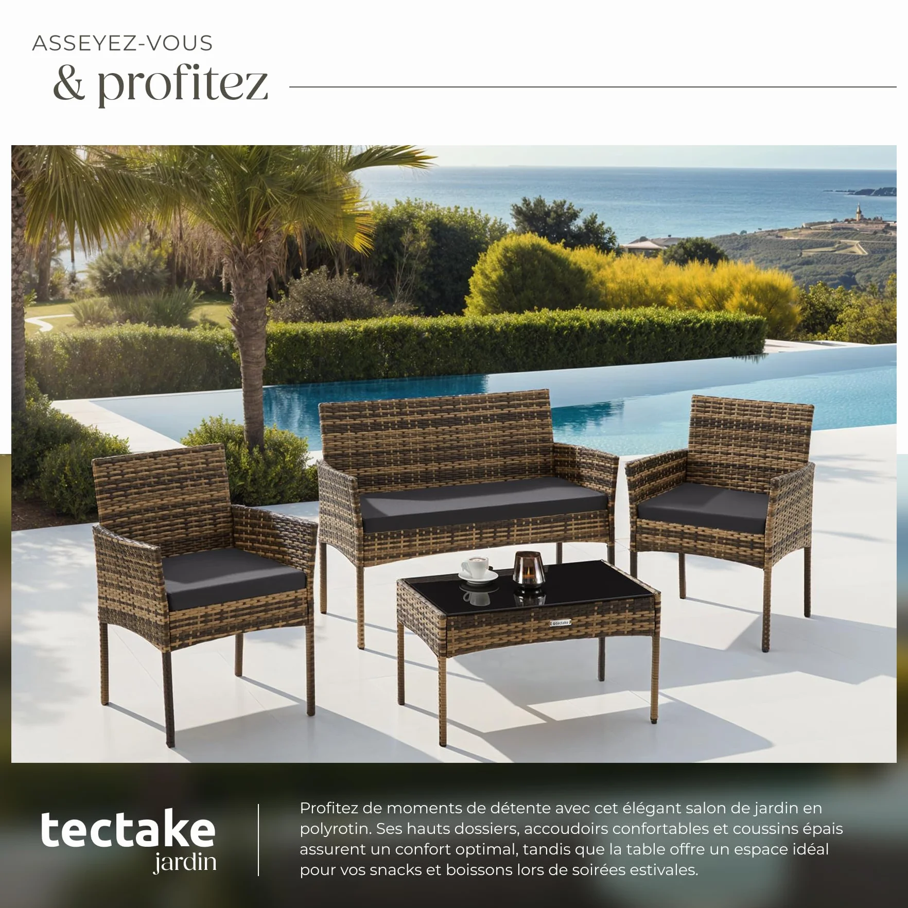 Tectake Ensemble Salon de Jardin en Résine tressée Canapé 2 Places 2 Fauteuils et 1 Table de Jardin Coussins Inclus