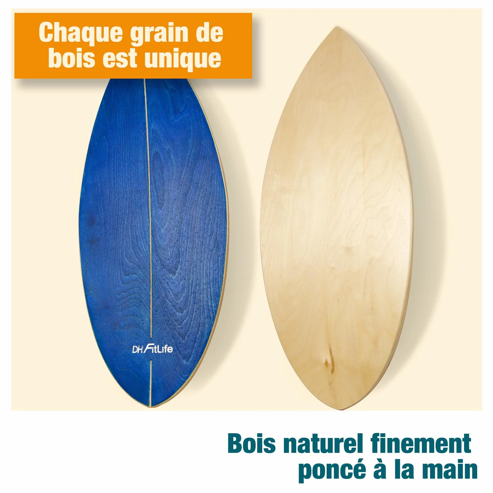 DH FitLife Balance Board Surf en Bois Massif | Planche de Surf d’Intérieur avec Rocker | Planche d’Équilibre pour Fitness & Proprioception à la Maison