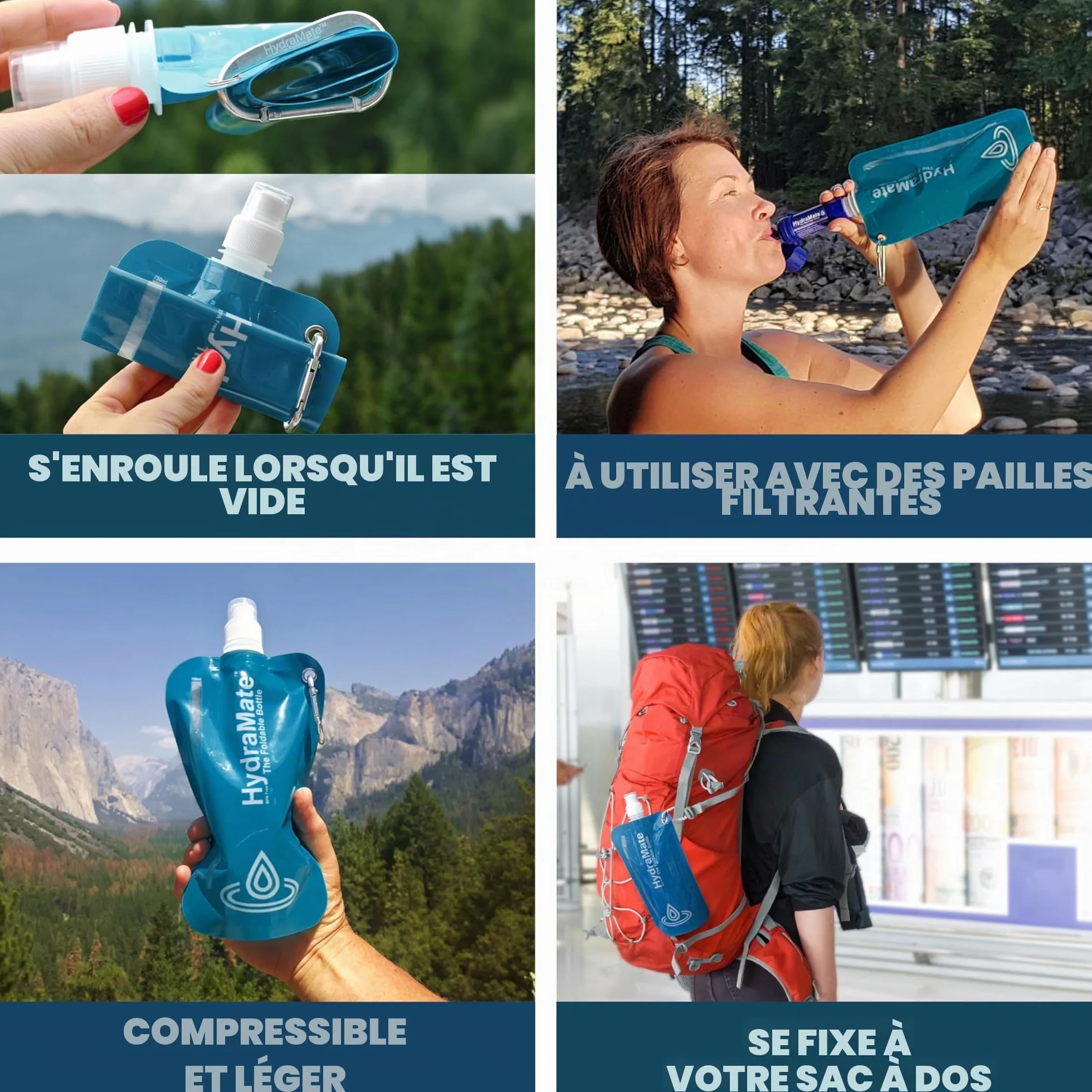 SwimCell Gourde Souple Bouteille Pliable - Poche A Eau 750ml Légère Flexible Sans BPA. Bouteille De Voyage, Camping, Festival, Activités Extérieures. Réutilisable Durable. Mousqueton Inclus. Bleu