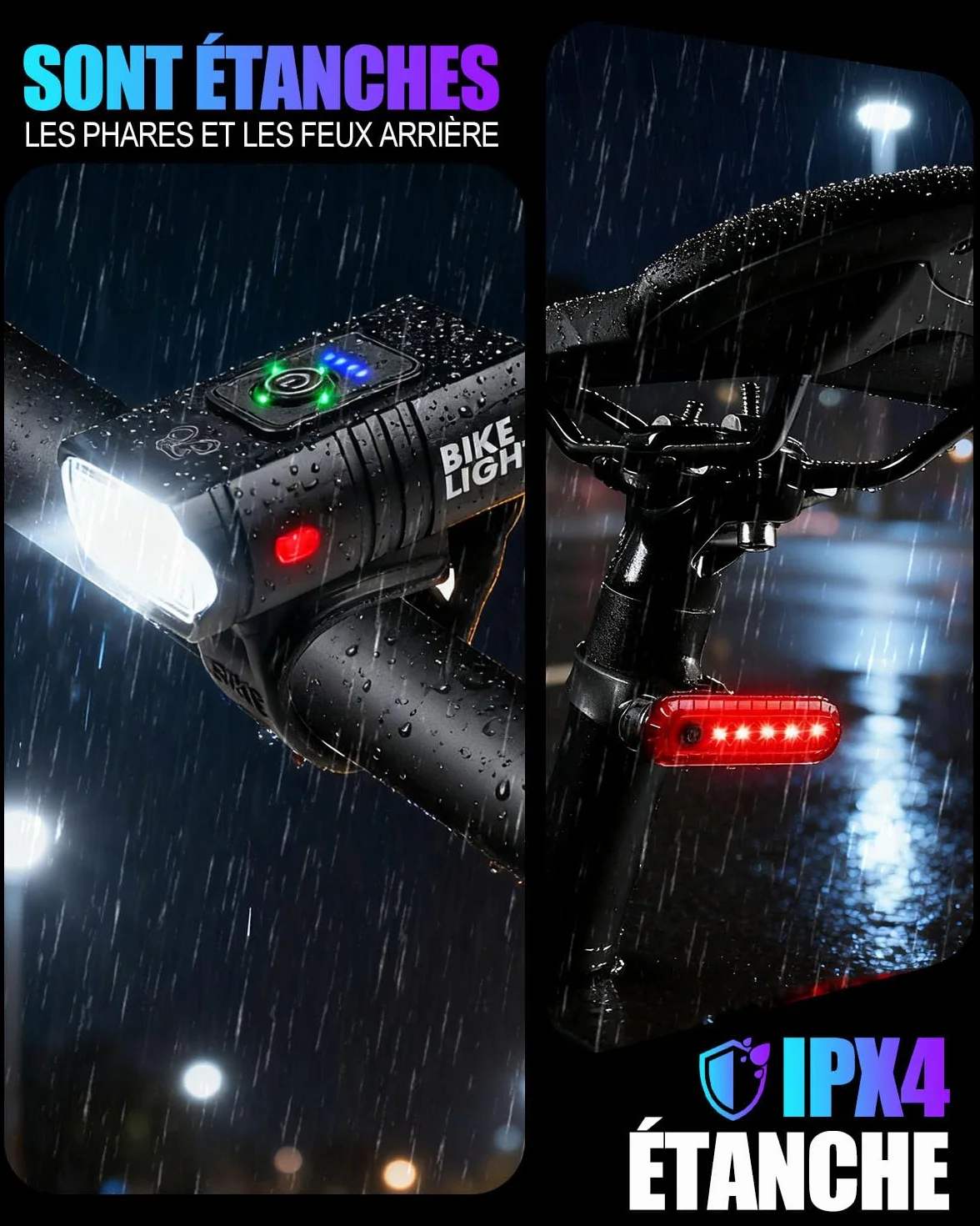 Lumiere Velo LED Ultra Puissant, Éclairage Vélo Avant et Arrière 6+4 Modes, Luminosité élevée, Rechargeable USB, Étanche IPX4, Luminosité Réglable, Facile à Installer Lampe Vélo pour VTT, VTC
