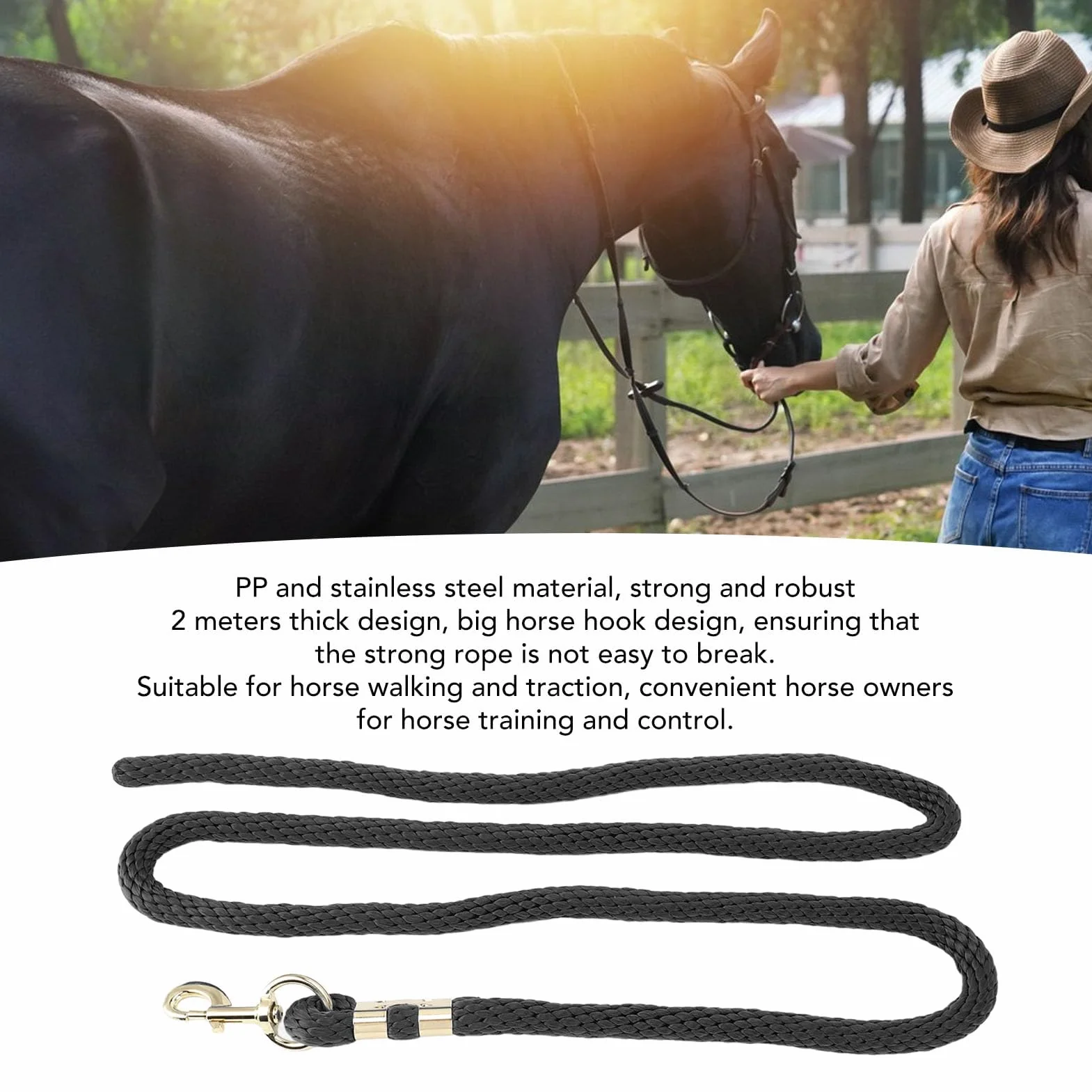 Longe pour Cheval, 2 m / 6.56ft Corde Acier Inoxydable Anti-Rupture Corde Longe antidérapante Cheval avec Crochet pour Marche Manipulation Chevaux