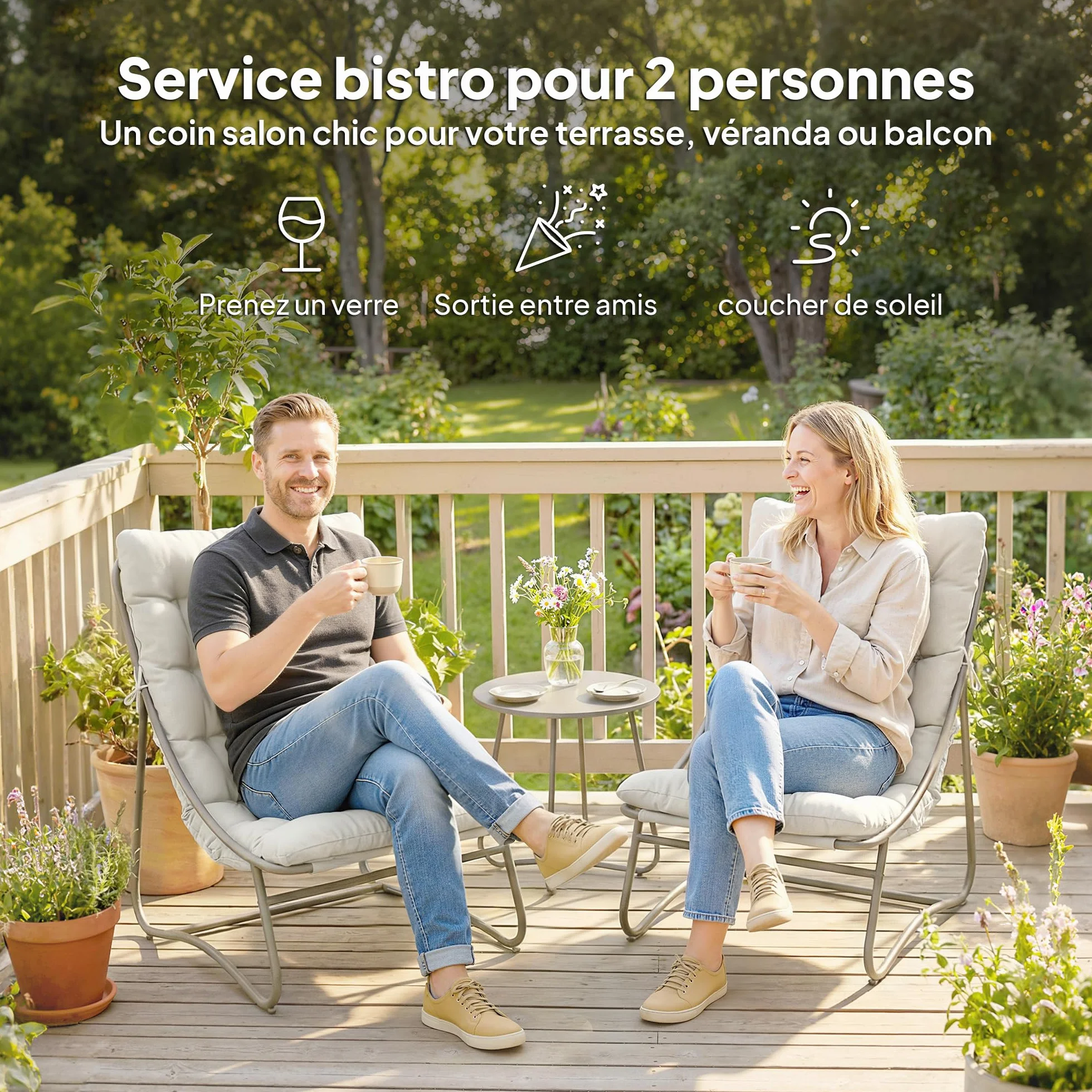 Outsunny Salon Bistro 3 pièces pour 2 Personnes, Table Ronde et Chaises d'Extérieur en Métal Gris Clair