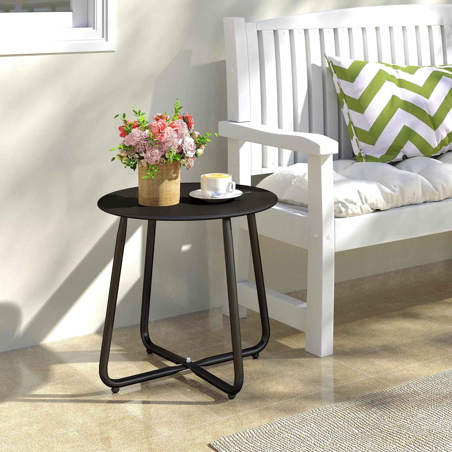 HollyHOME Petite Table Exterieur Ronde Table Basse Patio Métal Noir