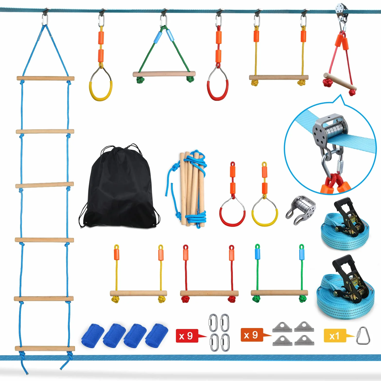 Hapfan Parcours Ninja Enfant Exterieur,15m×2 Slackline avec 8 Obstacles à Suspendre Mixte,Slackline kit Parcours d'obstacles à Suspendre en Plein air,Filet et échelle,Monkey Bar Kit pour Enfants