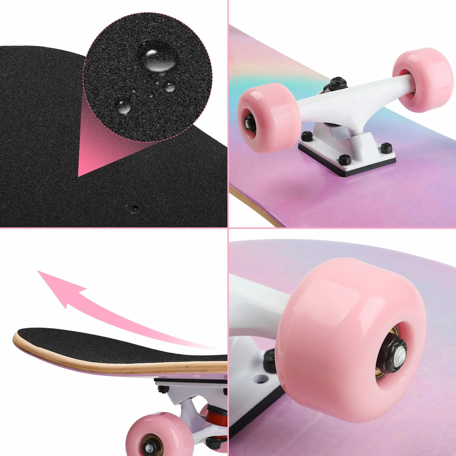 Skateboard Ado Fille Enfant Adulte débutants- 7 Couches en Bois d'Erable Plateau 80 x 20cm Apporter Sac Skateboard - Poudre Arc-en-Ciel