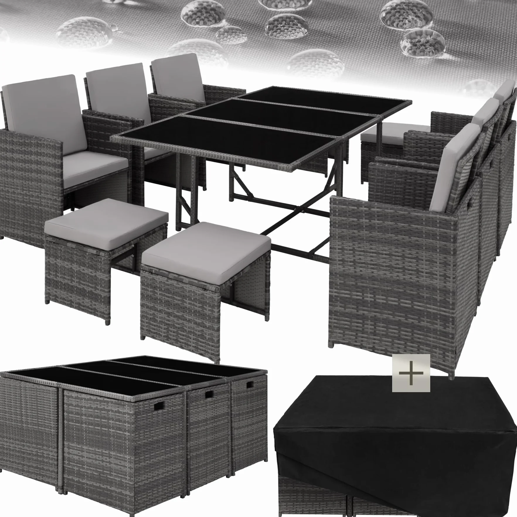 tectake Salon de Jardin Résine Tressée Poly Rotin Table 10 Personnes 6 Fauteuil 4 Tabouret Pouf Housse Protection