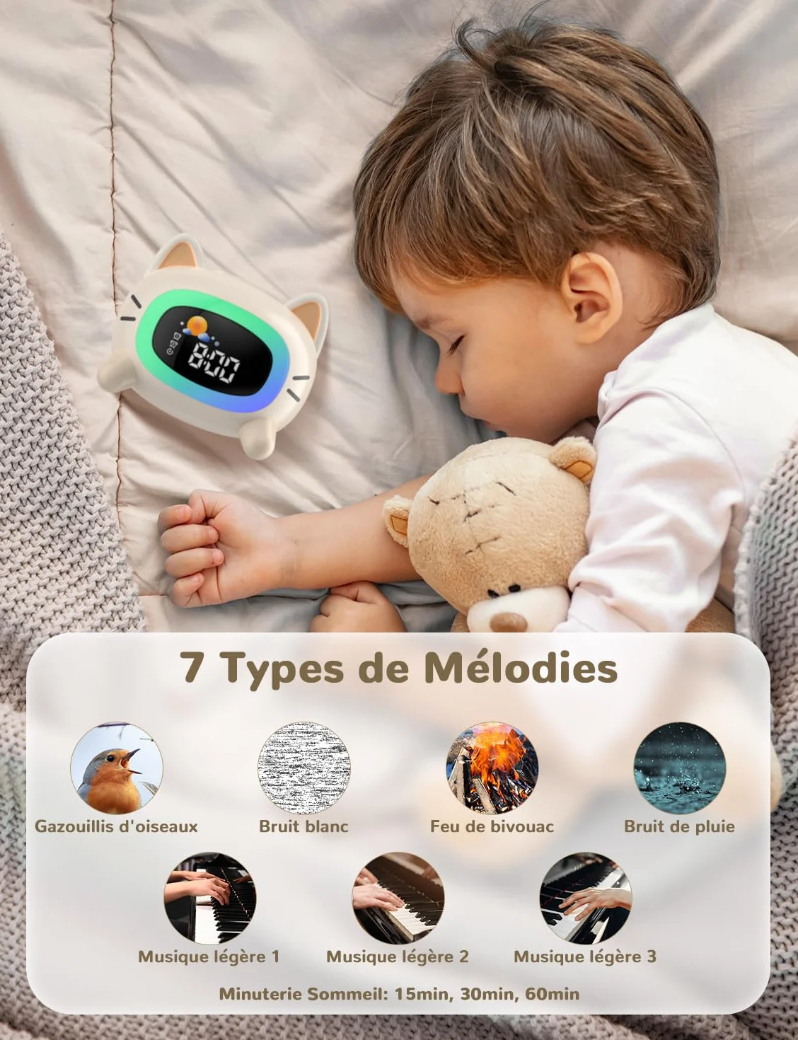 LIORQUE Réveil Enfant Éducatif Jour/Nuit avec Veilleuse, Machine Sonore, Deux Alarmes, Mode Week-End, Rechargeable Chat