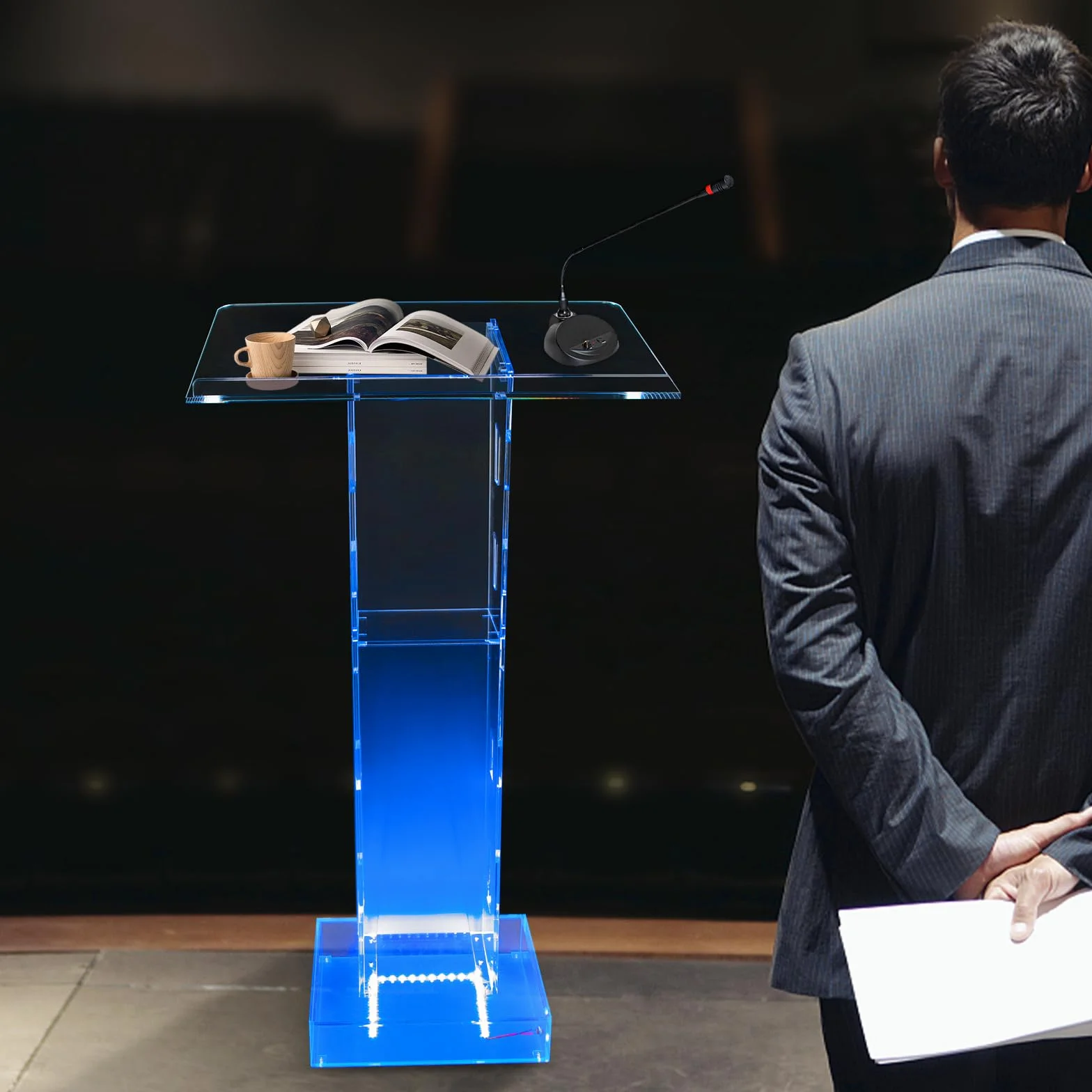 Lucite Podium en acrylique transparent avec lumière LED bleue 100 cm