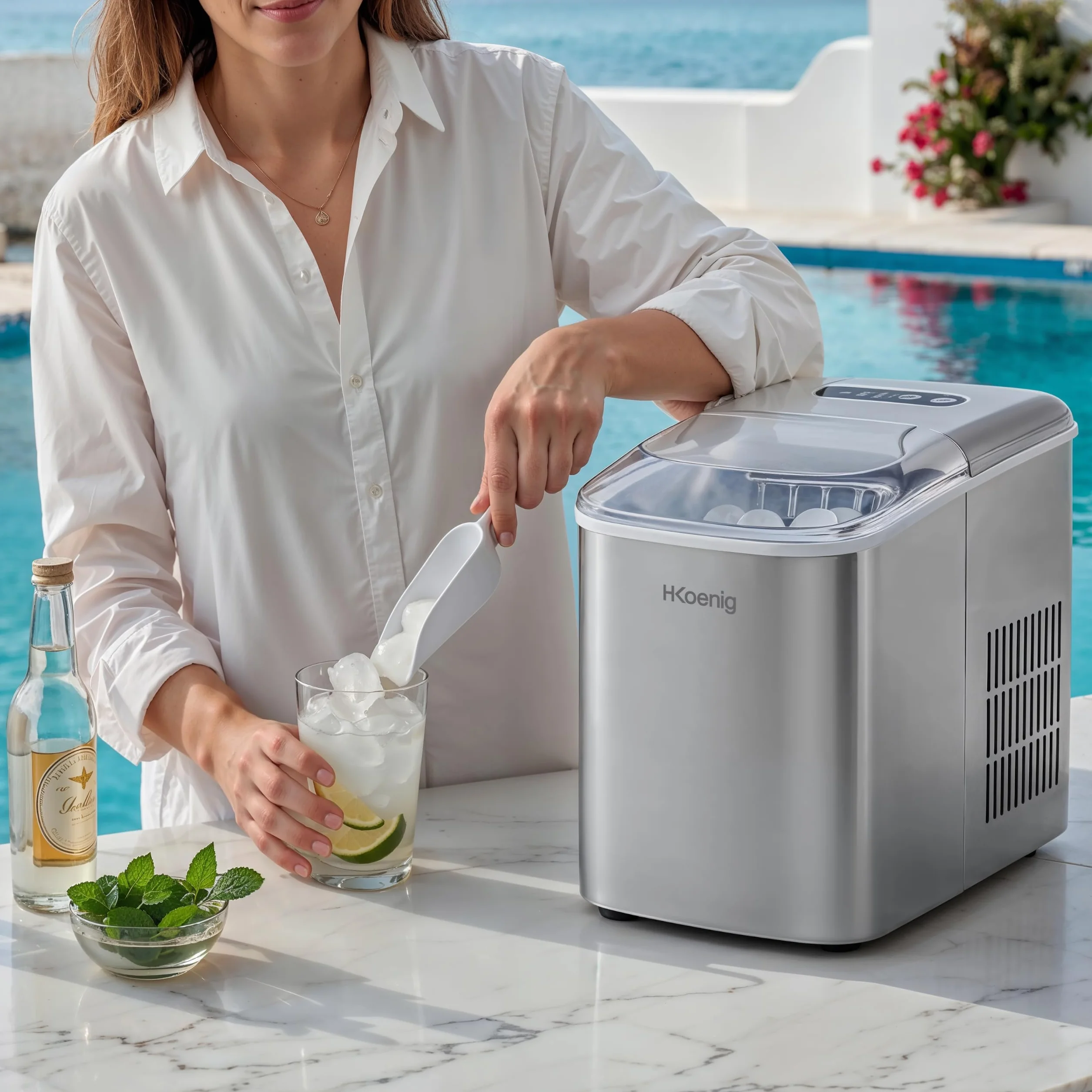H.Koenig Machine à Glaçons KB14 Rapide 12kg/24h 9 Glaçons 6 min Réservoir 2,1L 2 Tailles Écran LCD Autonettoyante Inox
