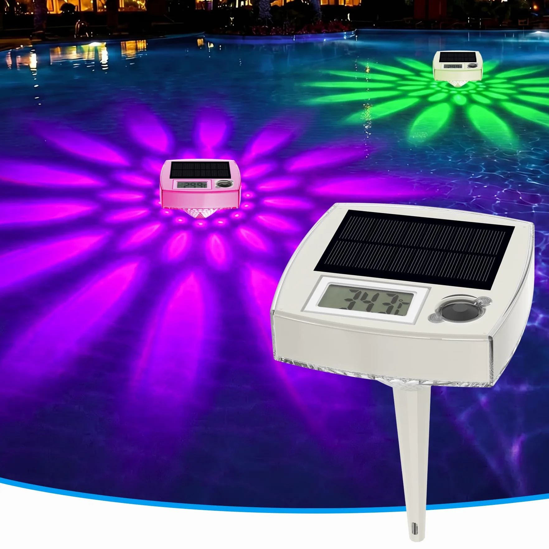 Thermomètre de piscine solaire numérique 2 en 1 avec éclairage LED RVB, grand écran LCD, étanche IP68