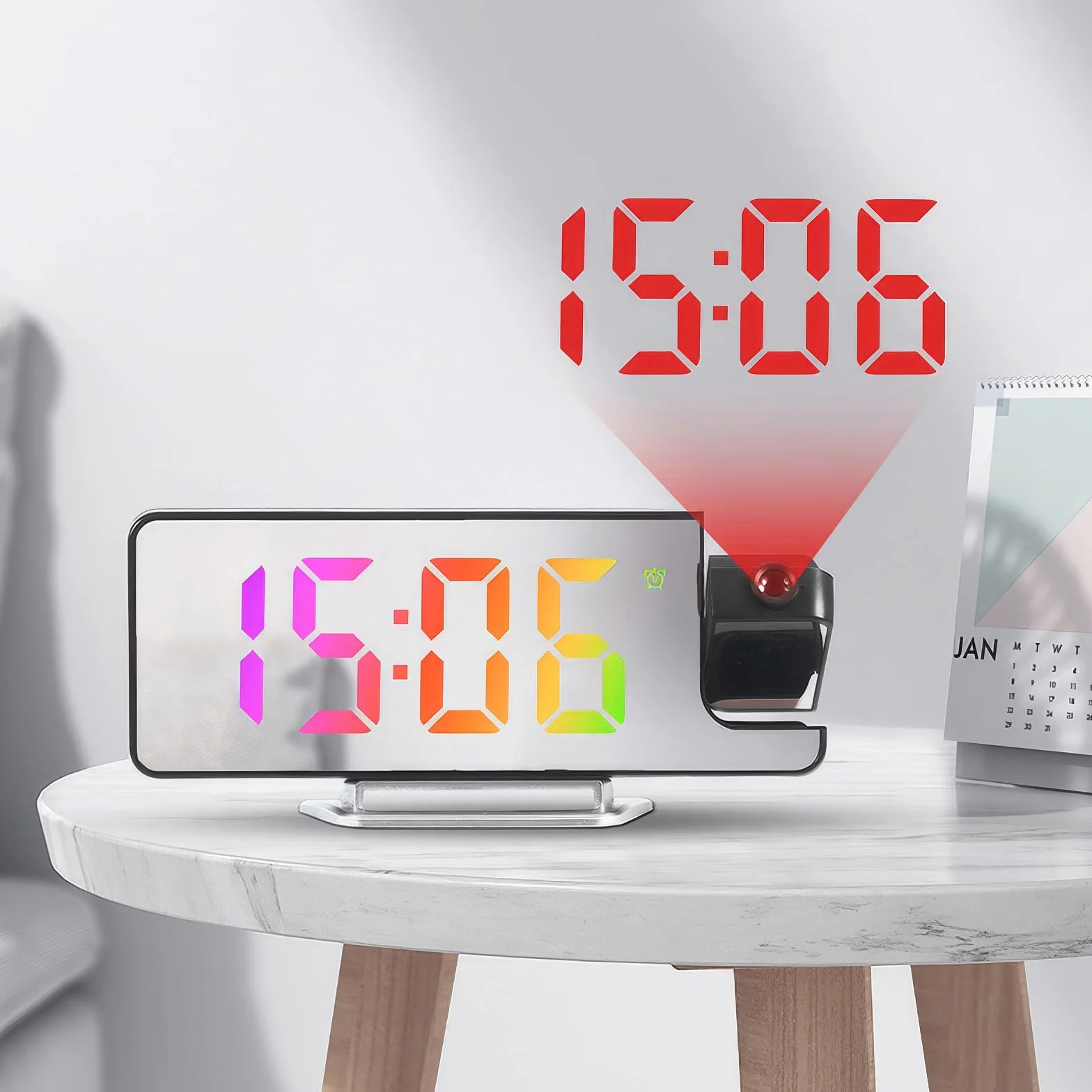 Réveil Projecteur LED 8,1" RGB, Projection Rotative 180°, Double Alarme 12/24H, Recharge USB