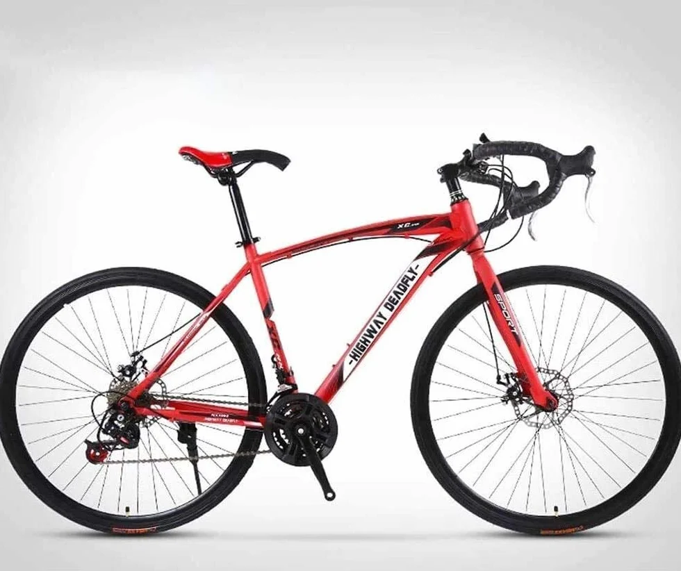 Vélo de Route 26 Pouces 24 Vitesses, Double Frein à Disque, Cadre Acier Carbone Rouge