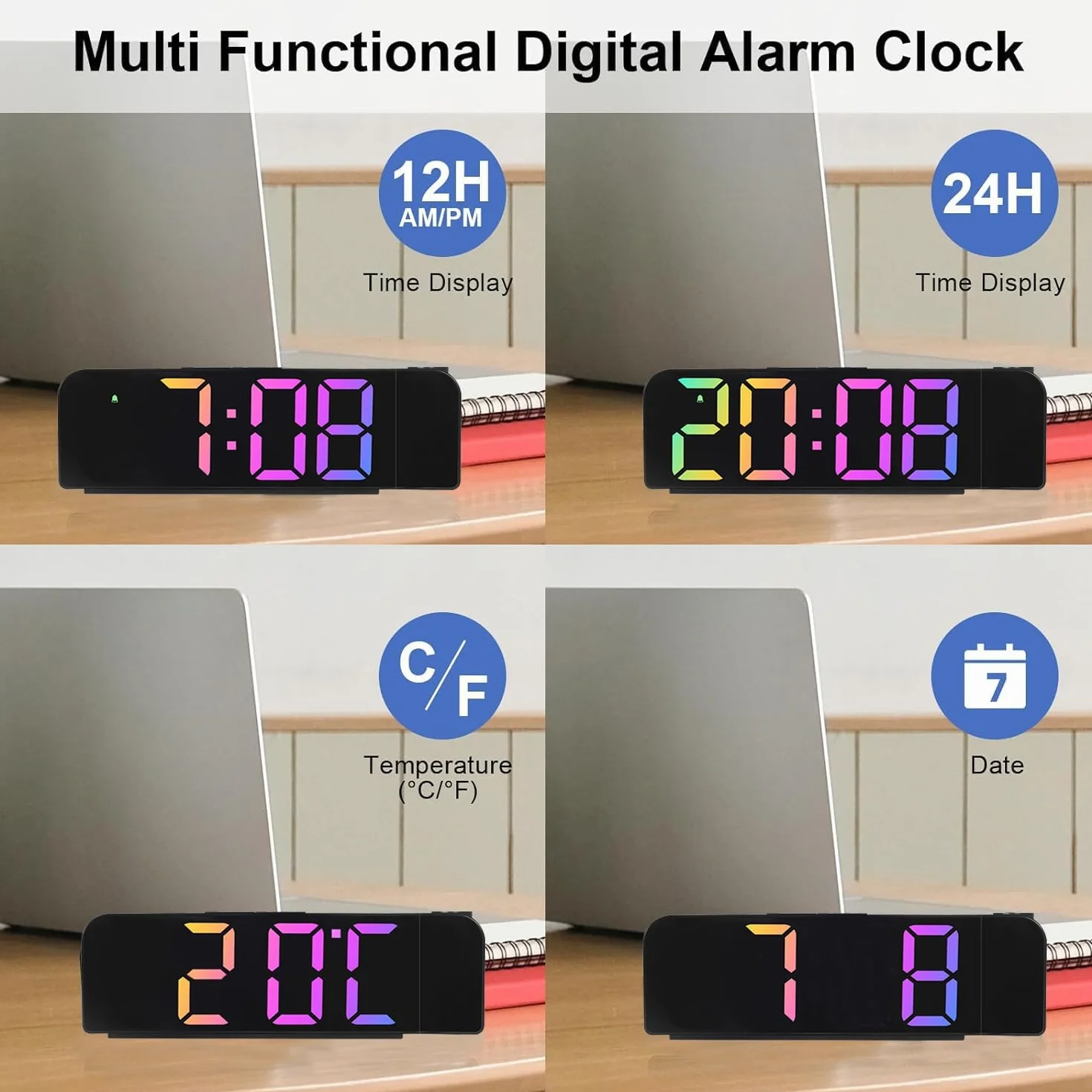 Réveil numérique à projection avec variateur d'intensité pour chambre à coucher