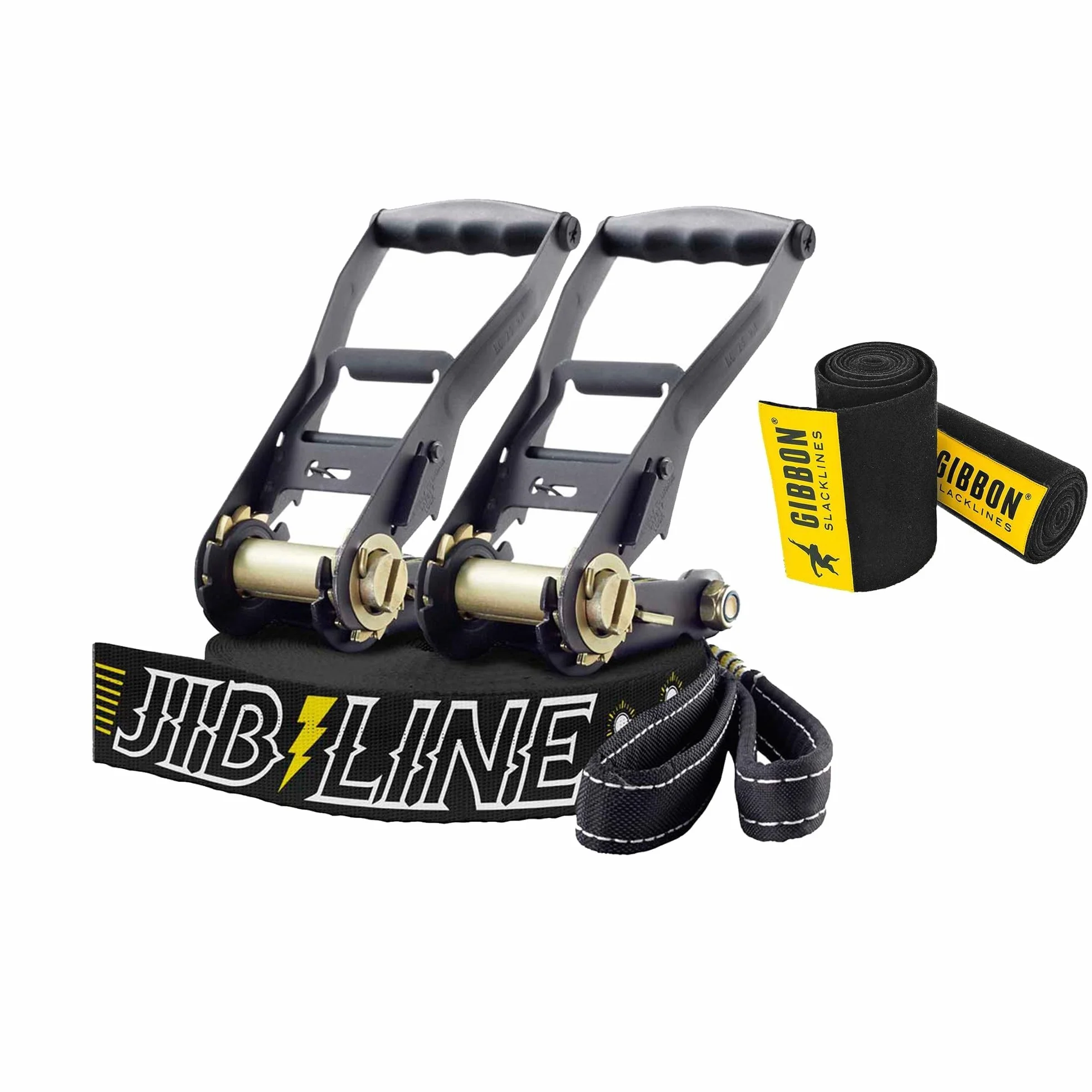 Gibbon Slacklines JibLine Set Trickline XL | 25 m (20 m + 2 x 2,5 m de bande à cliquet) | 2 cliquets | TreeWear | 5 cm de large | Impression antidérapante | Charge de rupture 30 Kn | Pour débutants et