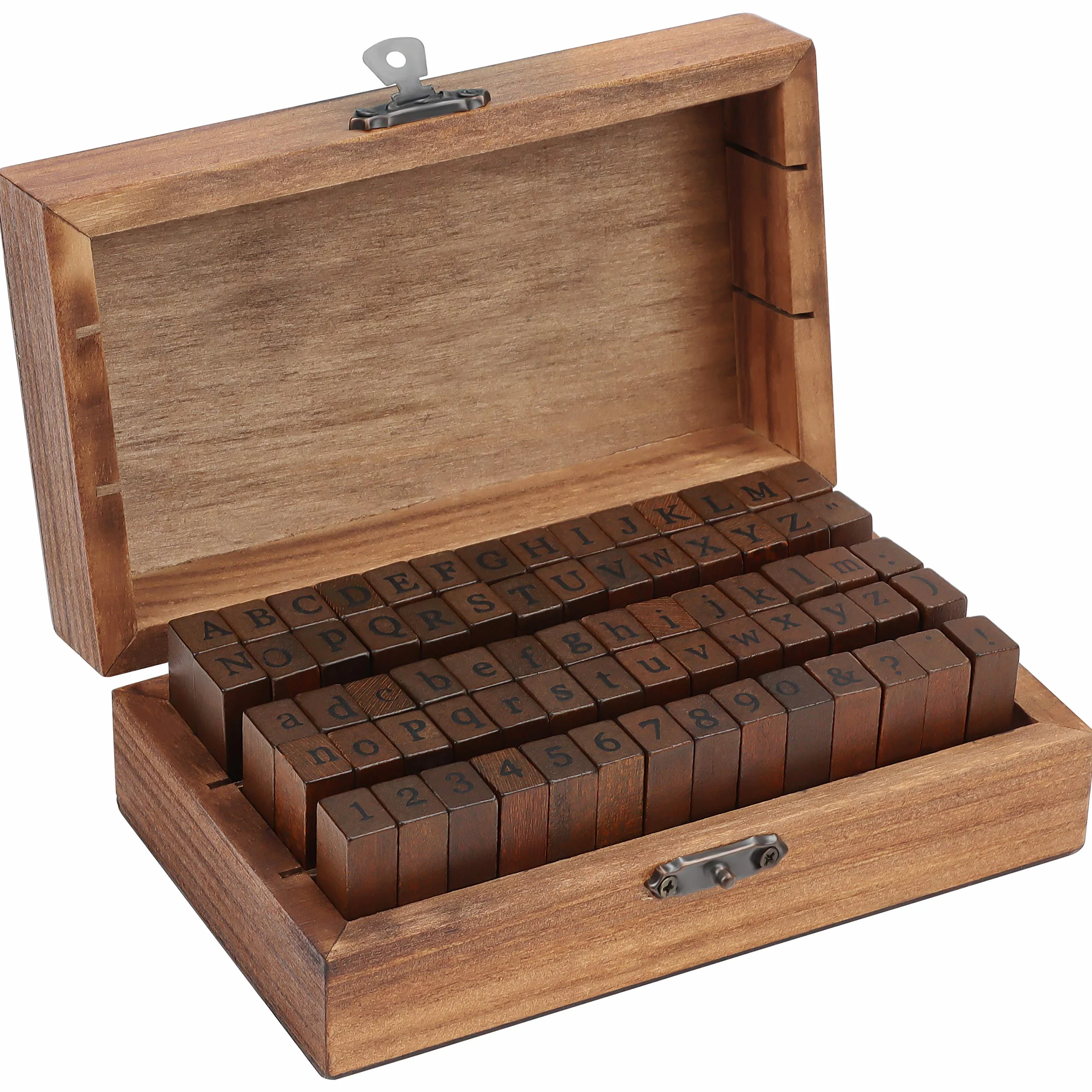 Kurtzy Lot de 70 tampons en bois et caoutchouc avec lettres, chiffres, symboles – Tampons multi-usages avec boîte en bois vintage