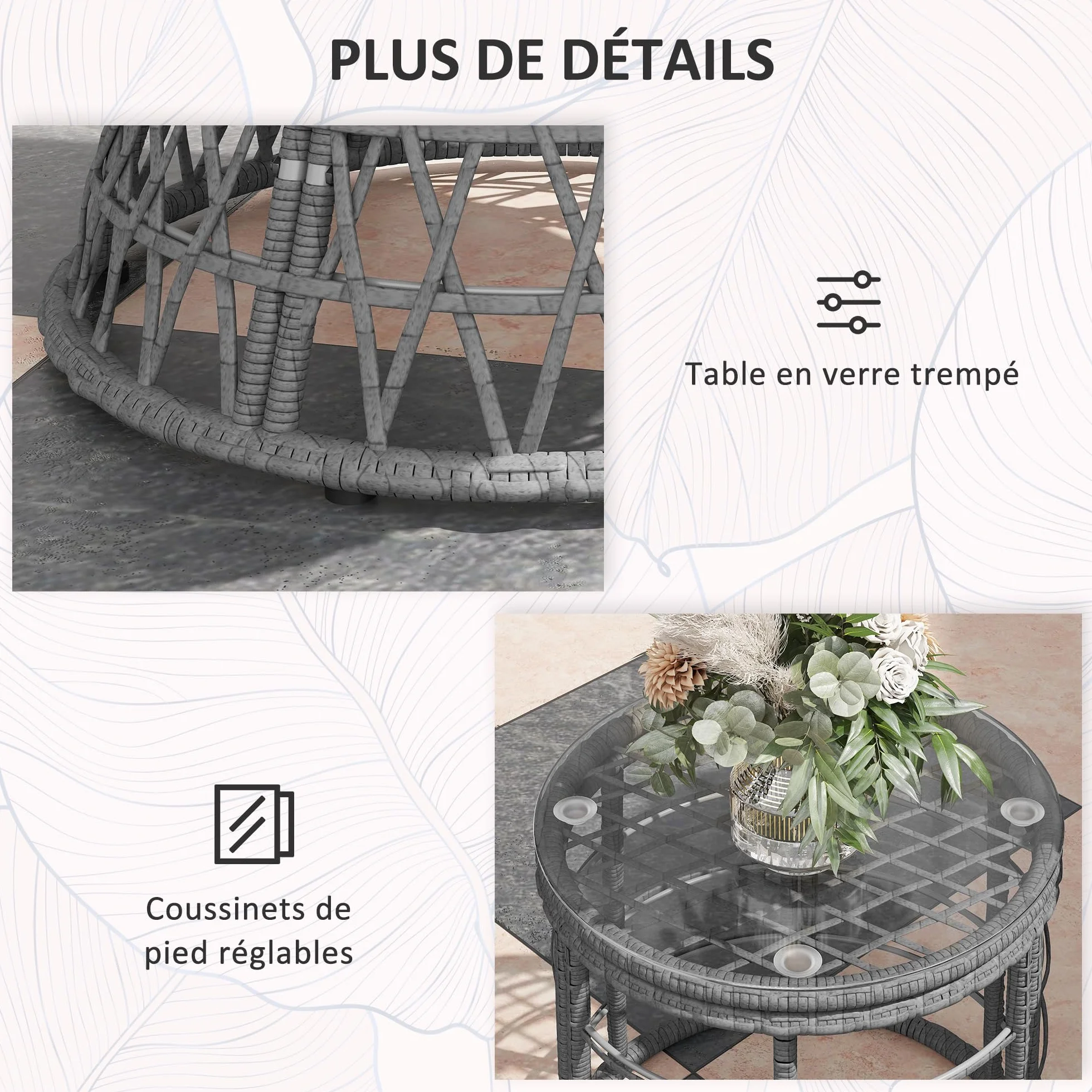 Outsunny Ensemble Salon de Jardin 3 pièces avec Fauteuils Papasan Pivotant et Table Basse Ronde Gris Résine Tressée
