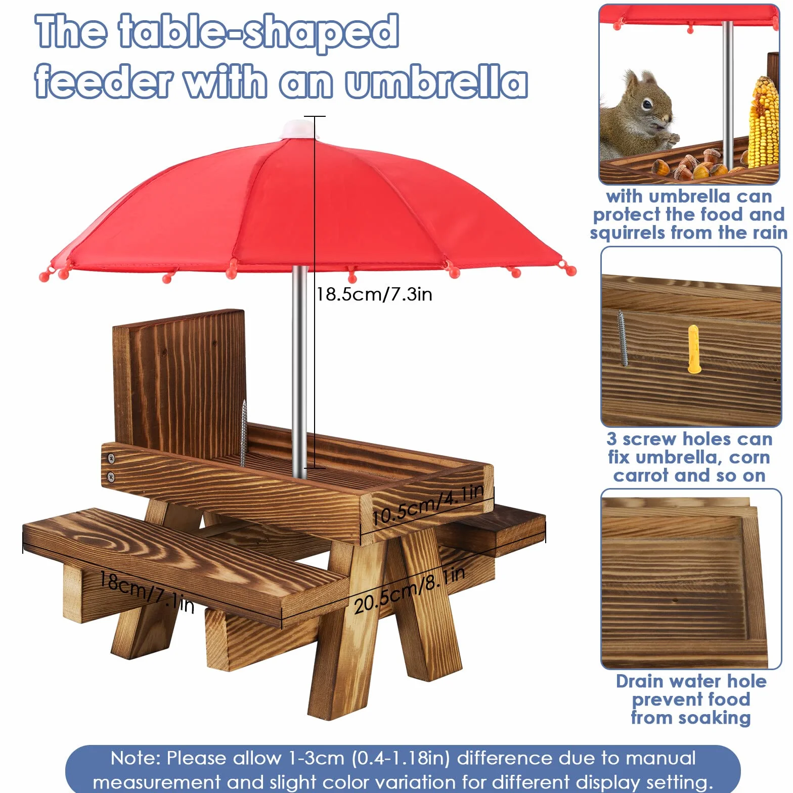 Mangeoire pour écureuil avec parapluie – Banc de pique-nique en bois avec support pour maïs, décoration de jardin