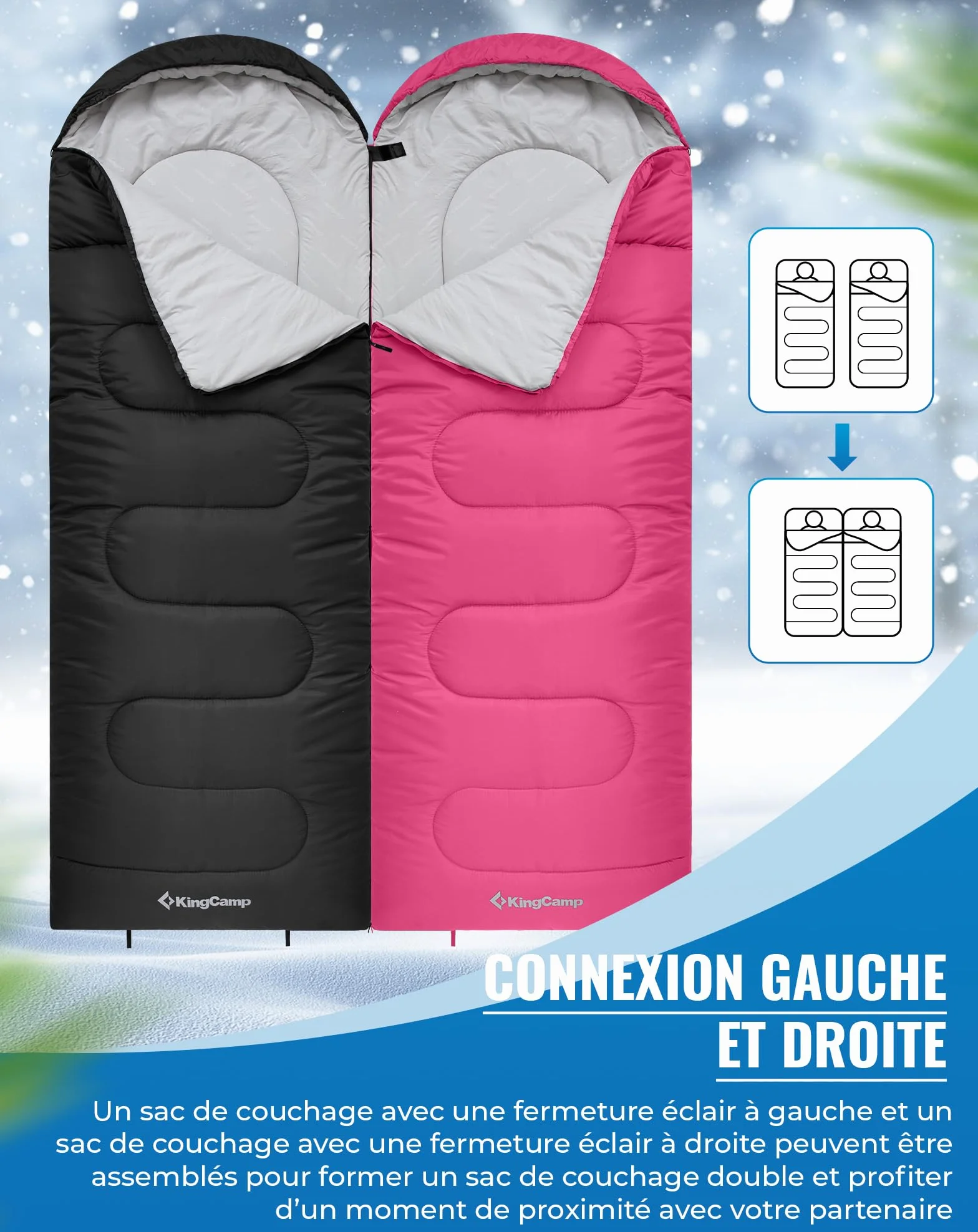 KingCamp Sac de Couchage Oasis 3-4 Saisons Imperméable et Léger pour Le Camping (Enfants et Adultes) - Reliable Gauche/Droite en Double Sac, Idéal pour Les Voyages et Activités Plein Air
