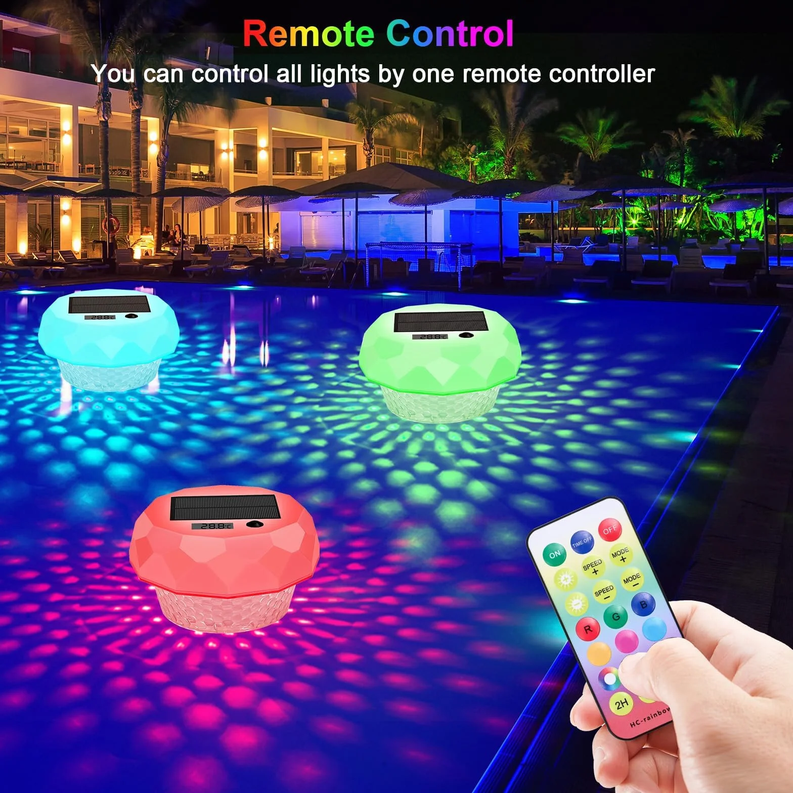 Lumiere Solaires Piscine LED RGB avec Thermomètre Télécommande IP68 Lampe Flottante