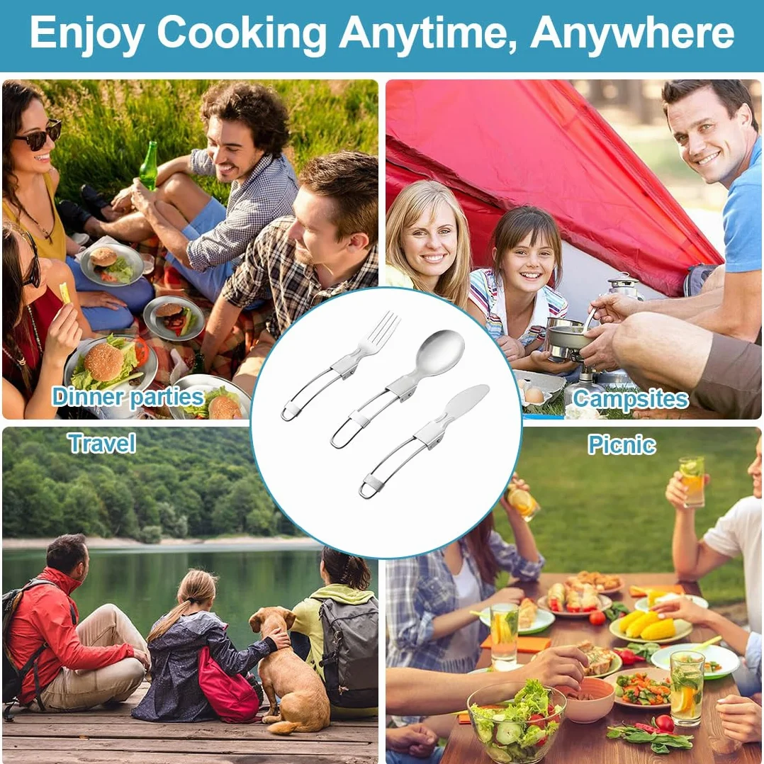 3pcs Vaisselle Pliante en Acier Inoxydable, Couvert Camping Multifonction, Vaisselle de Voyage, Vaisselle de Camping en Acier Inoxydable pour la Randonnée en Plein Air Pique-Nique Voyage
