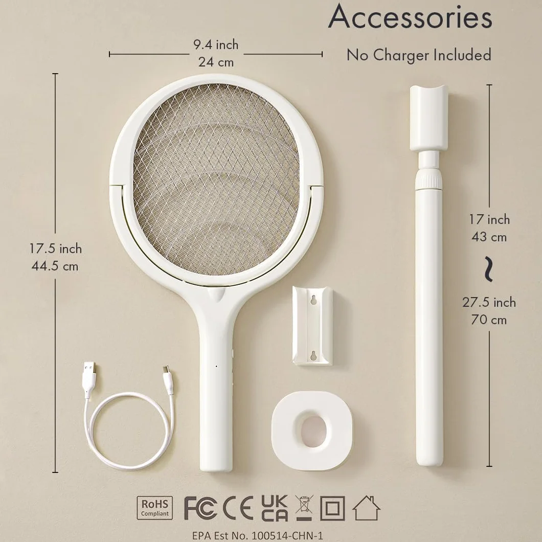 GeckoMan Raquette Électrique Anti Moustique Rechargeable avec Tête Rotative et Extension Télescopique
