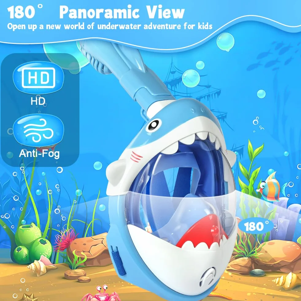 Masque de Plongée Enfants Intégral 180° HD Anti-Buée Anti-Fuite avec Tuba à Couvercle Sec