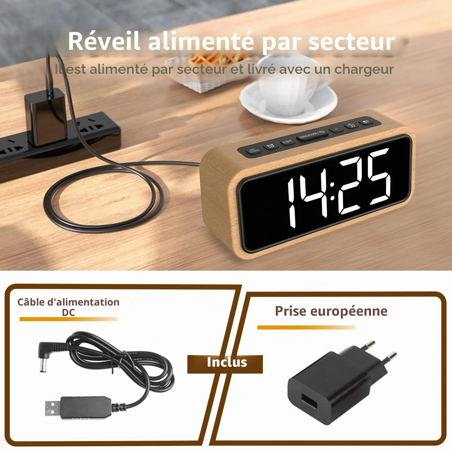 Réveil Rétro en Bois avec Affichage LED, 12 Sonneries d'Alarme, 5 Niveaux de Luminosité, Volume Réglable, Hêtre Blanc