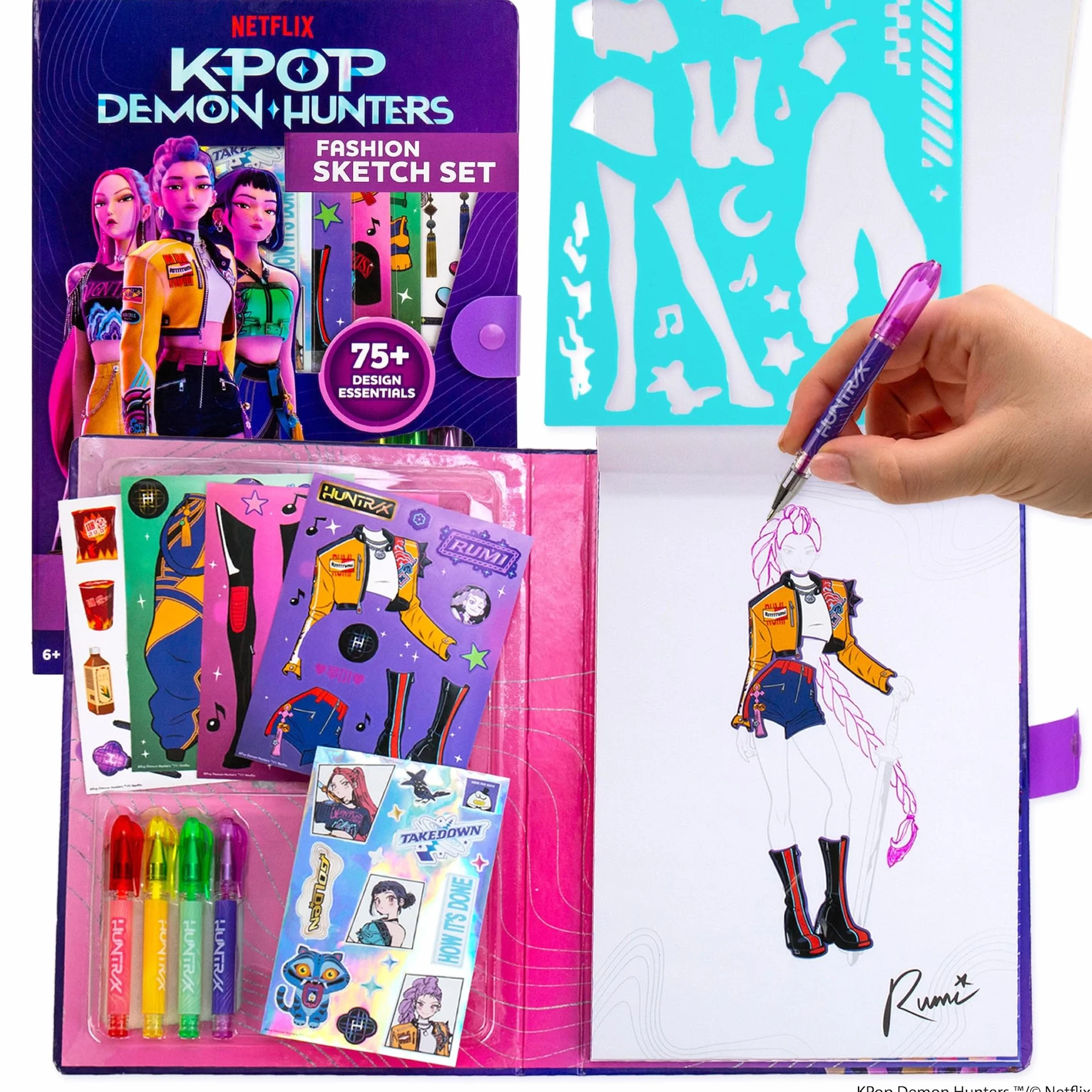 Kpop Demon Hunters Fashion Sketch Set - Livre à colorier, Stylos gel, Autocollants, Pochoirs