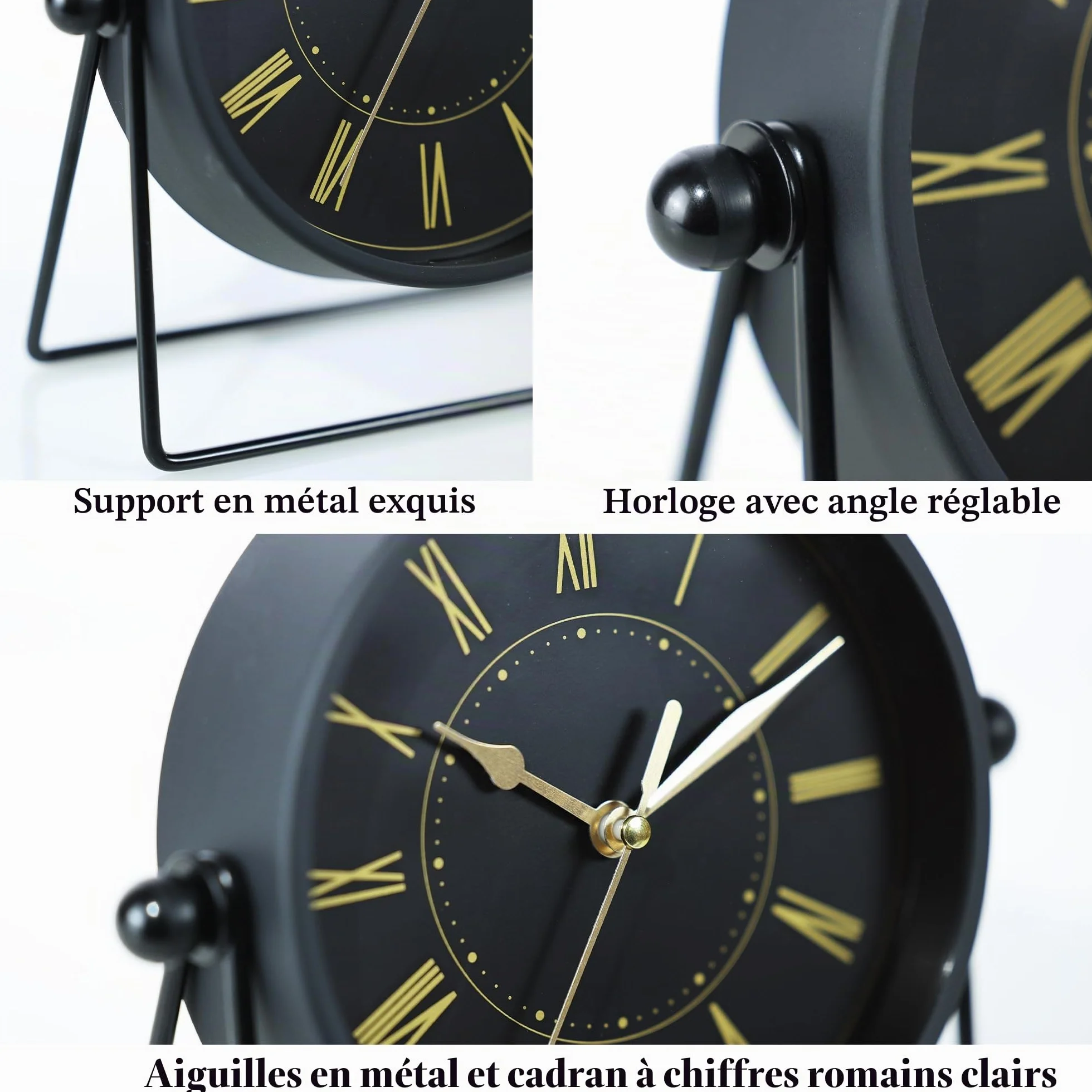 AYRELY Horloge de Table Vintage Métal Quartz Silencieux Angle Réglable Noir Doré