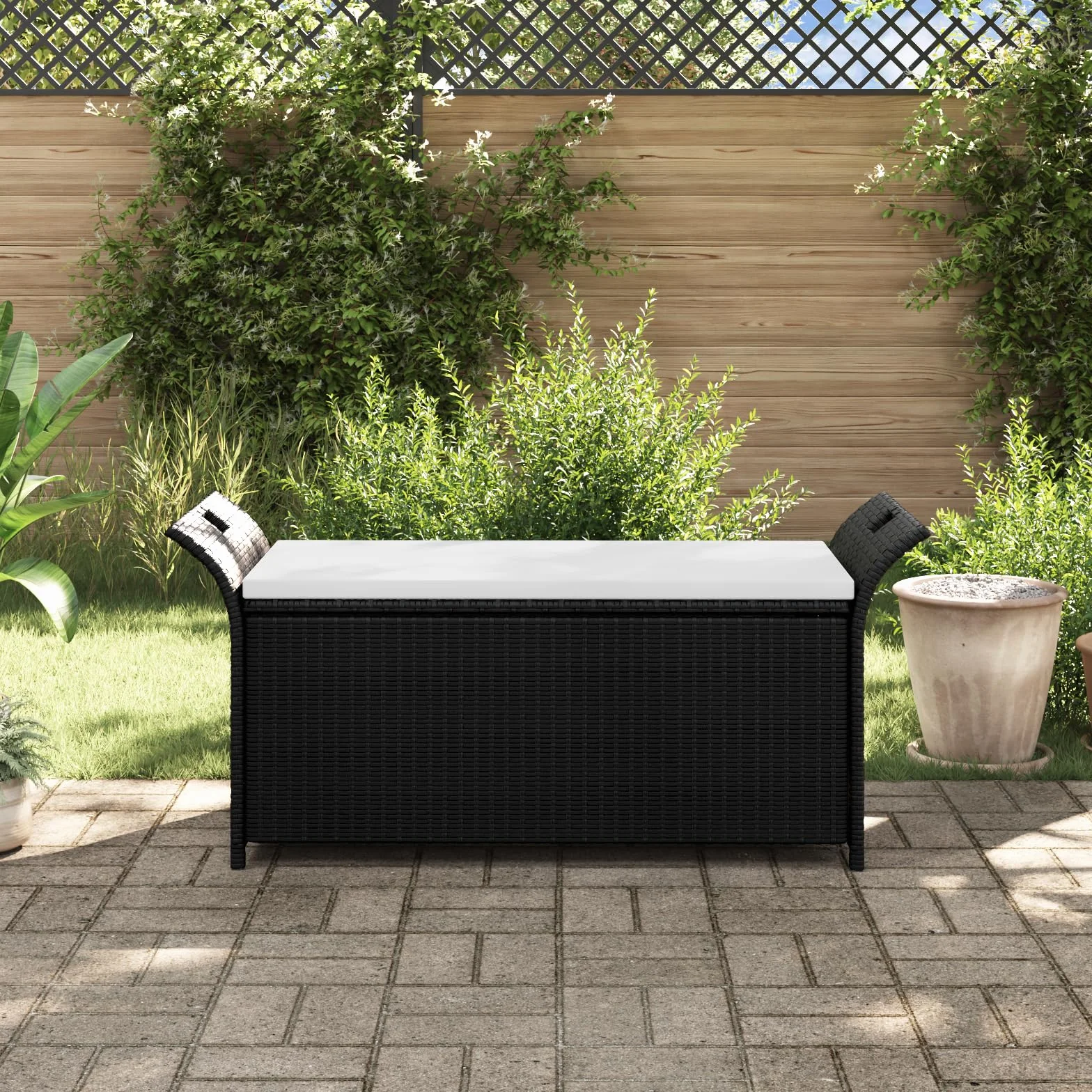 vidaXL Banc de Rangement Résine Tressée Noir/Blanc Crème Banquette