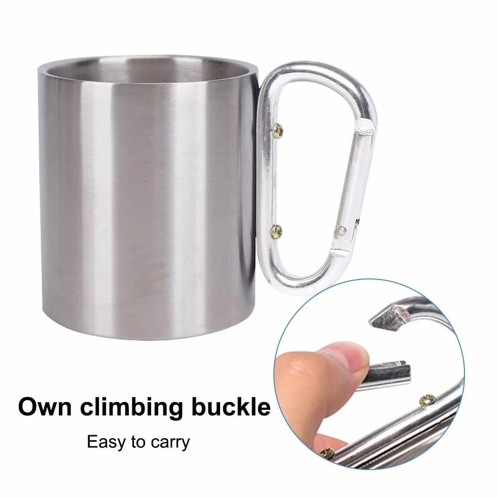 MiOYOOW Tasse à mousqueton en acier inoxydable, tasse de camping à double paroi, tasse portable en métal avec poignée à mousqueton pour camping, voyage en plein air, 300 ml