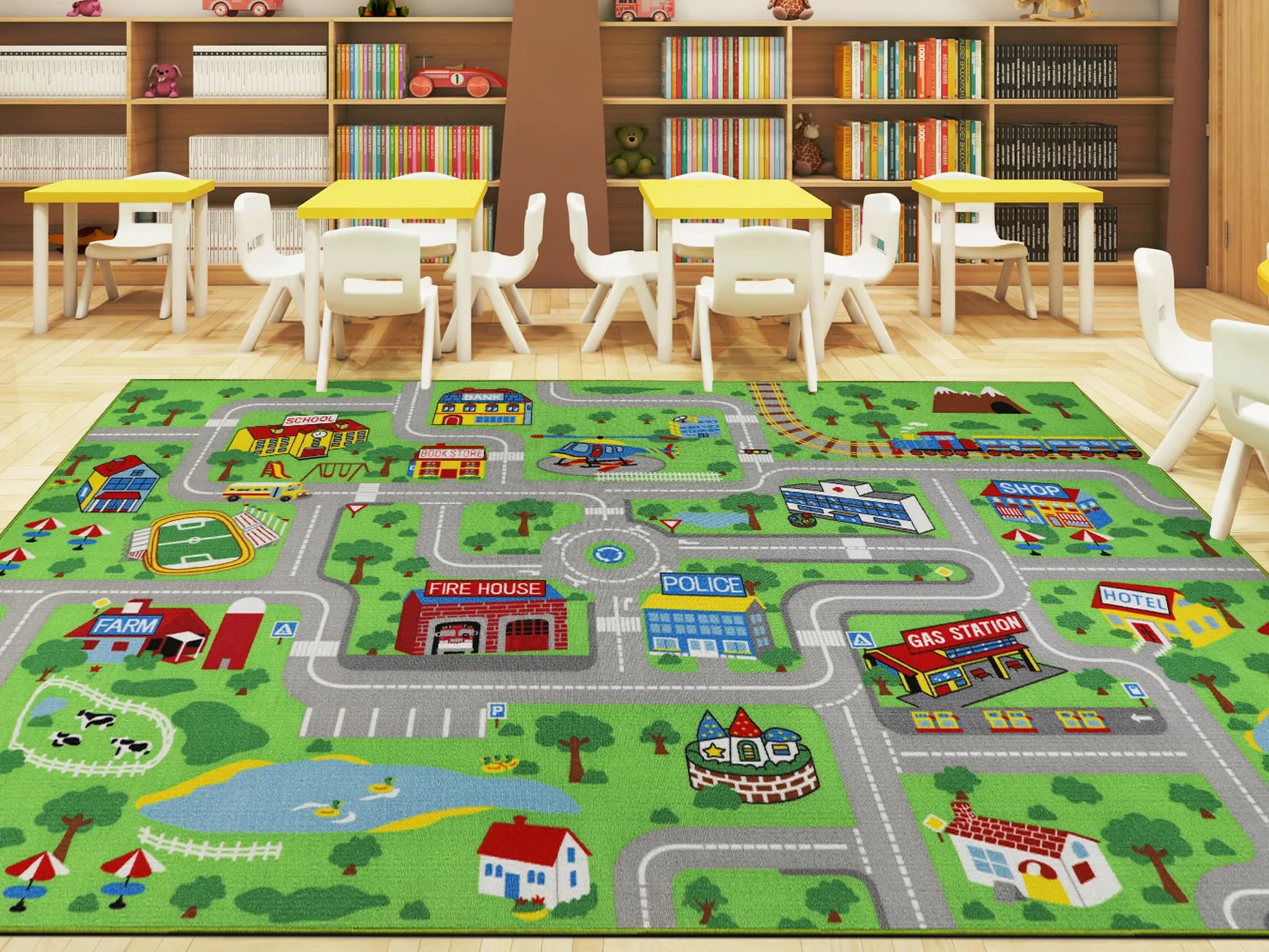 Tapis de salle de classe 200 x 300 cm - Tapis pour enfants - Voitures circulation routière - Jouet tout-petit