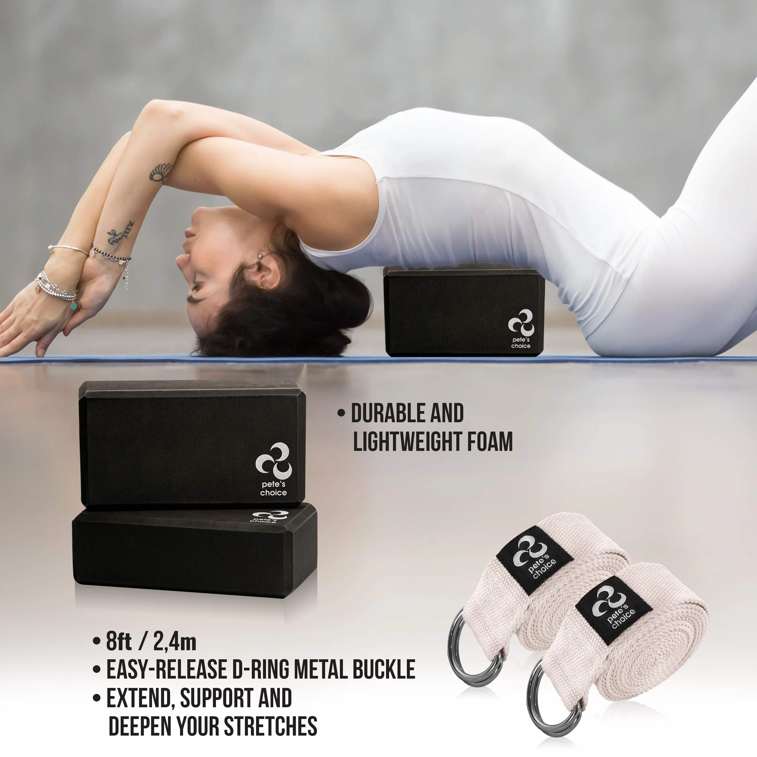 Lot de 2 sangles réglables de 2,4 m – Anneau en D durable pour pilates et exercices de gym | Maintient des poses, étirement, améliore la flexibilité et maintient l'équilibre | eBook inclus
