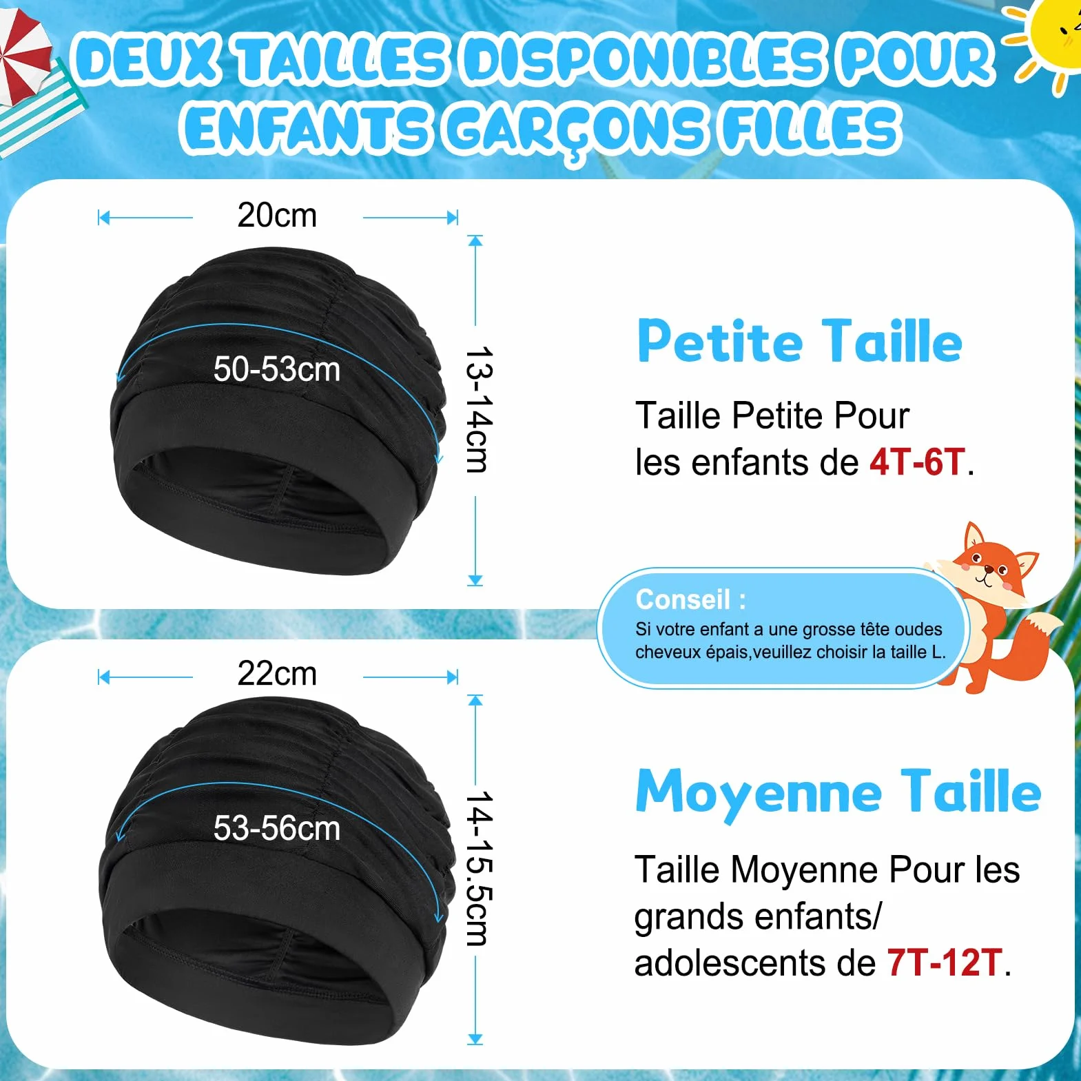 Kiiwah 2 Pièces Bonnet de Bain Enfant, Bonnet de Piscine en Tissu Plissé Extensible pour Cheveux Longs et Courts