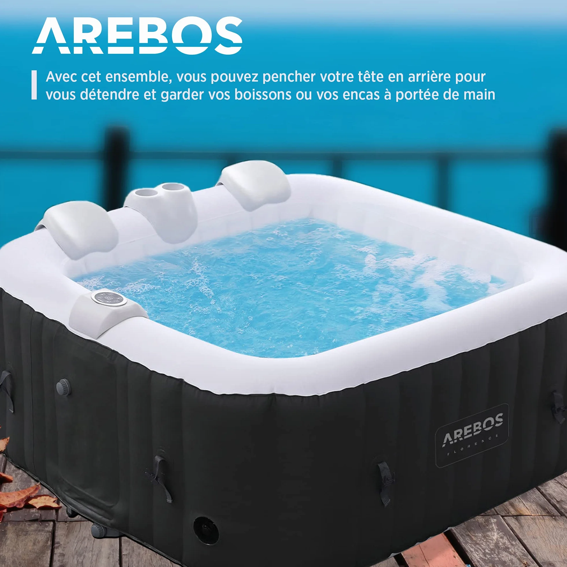 Arebos Comfort Set 2 poduszki na szyję z uchwytem na napój do jacuzzi | Biały | Wodoodporny | Pianka PU