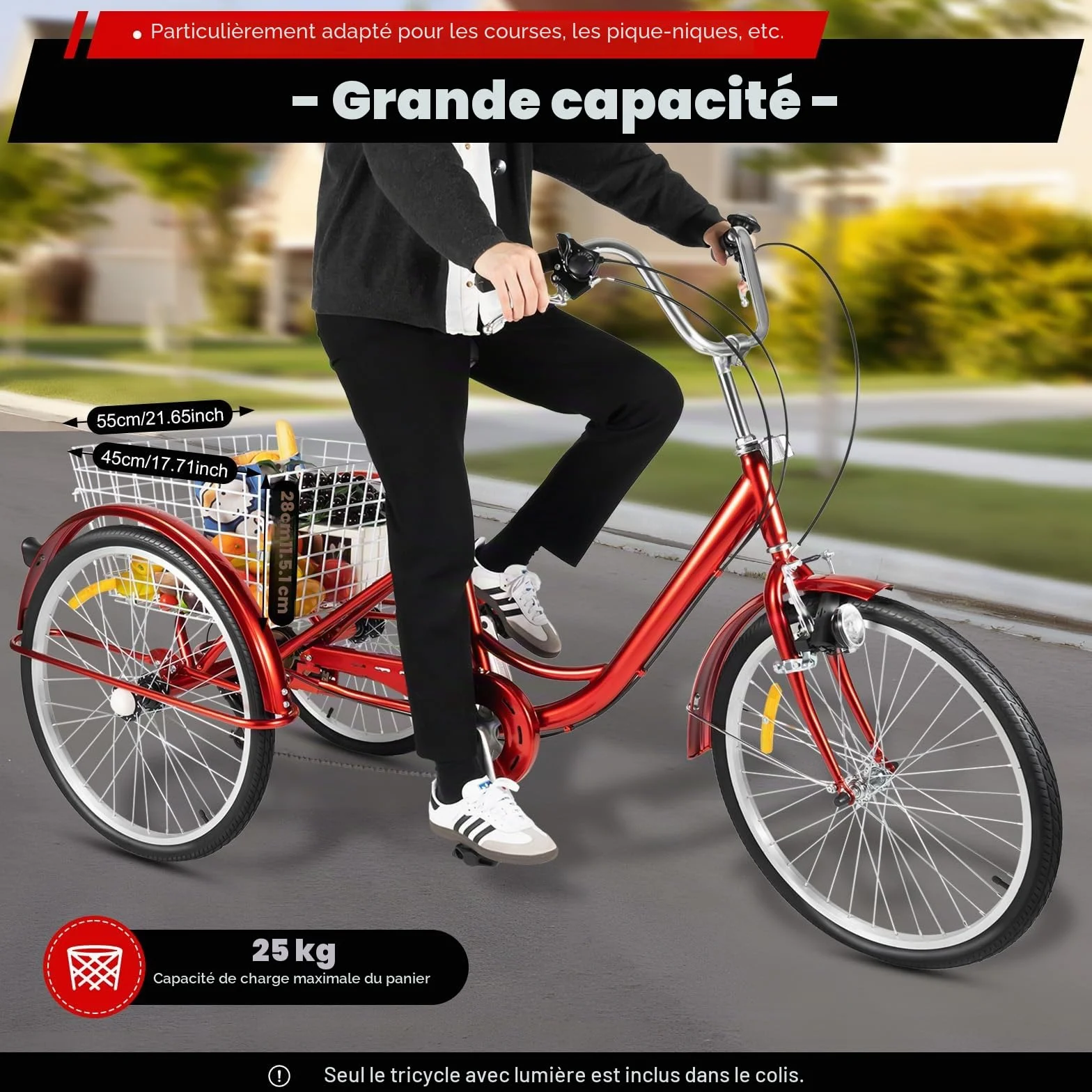 Tricycle 24 pouces 6 vitesses pour adultes avec lumière et panier à provisions, vélo cruiser à 3 roues, vélo de courses, tricycle adulte, siège réglable pour adultes, personnes âgées, sports de plein