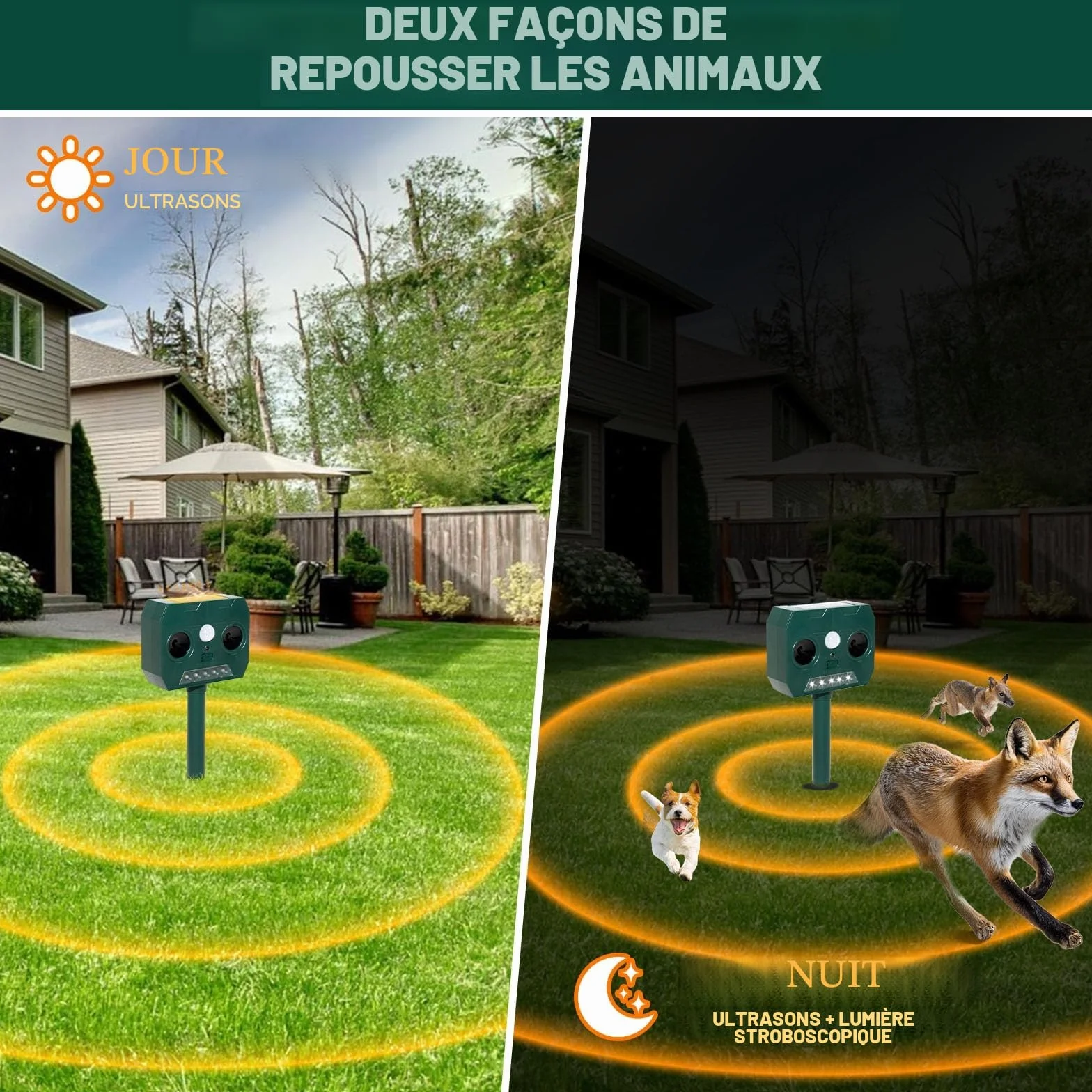 Repulsif Chat Exterieur Ultrason Solaire Impermeable IP45 12m 120° Effaroucheur Animaux Jardin LED