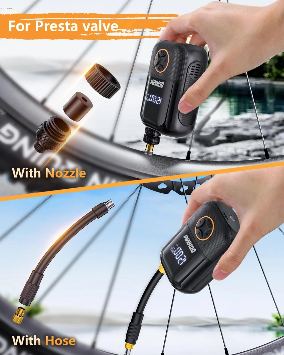 Mini Pompe vélo électrique avec Manometre, Pompe à vélo Portable de 120PSI avec Valve Presta et Schrader, de Route, VTT, vélos de Ville et vélos électriques
