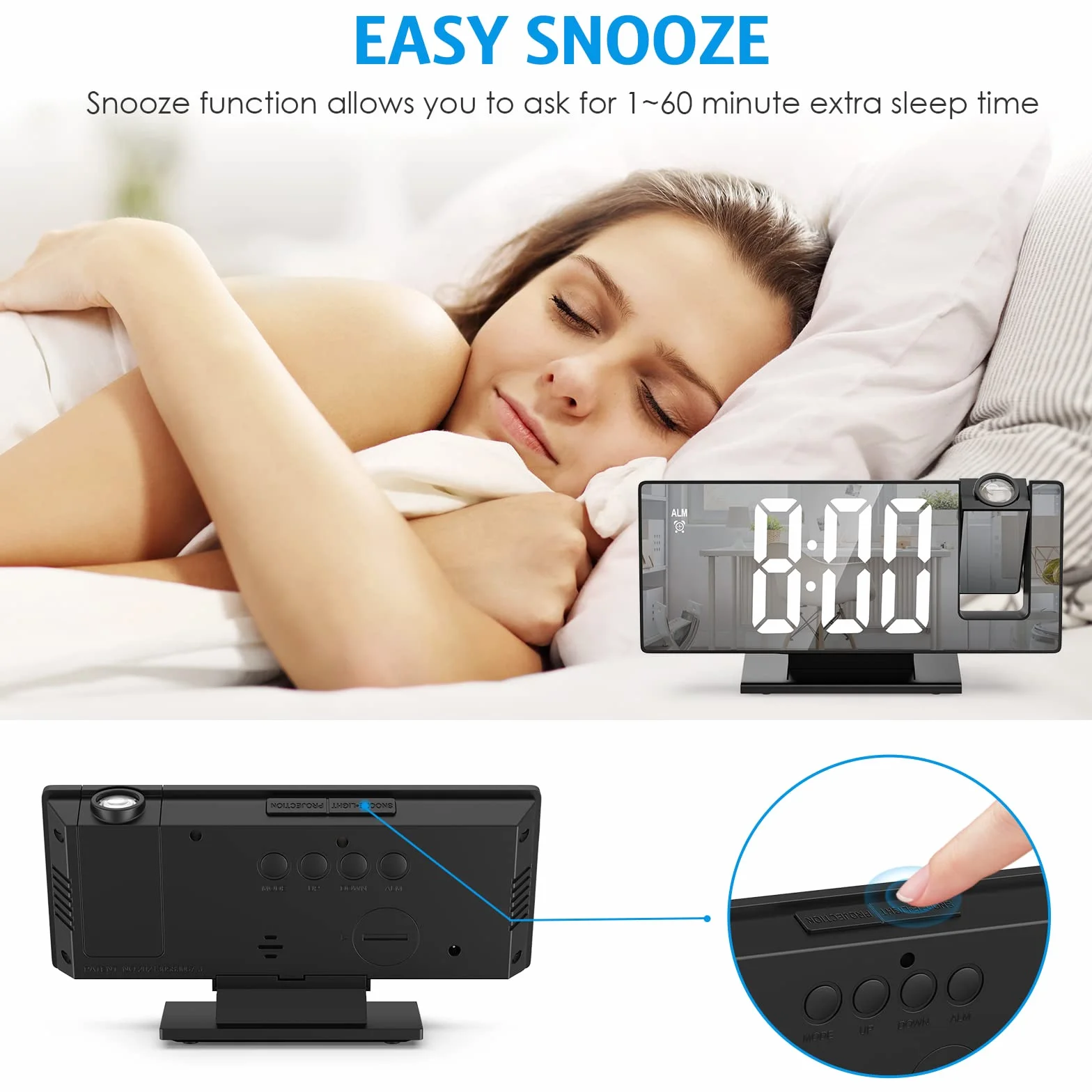 Réveil Projecteur Plafond LED Miroir Horloge Digitale Projection 180° USB