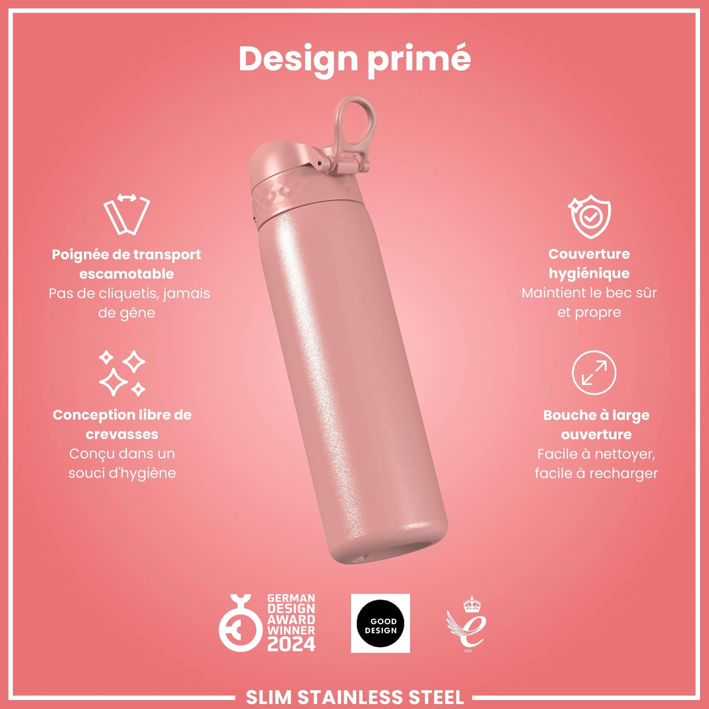 Ion8 Gourde Inox Léger, 600ml, Non Isolé, Anti-Fuite, Facile à Ouvrir, Verrouillage Sécurisé, Lavable au Lave-Vaisselle, Poignée de Transport, Durable, Acier Inoxydable, Rose Cendré