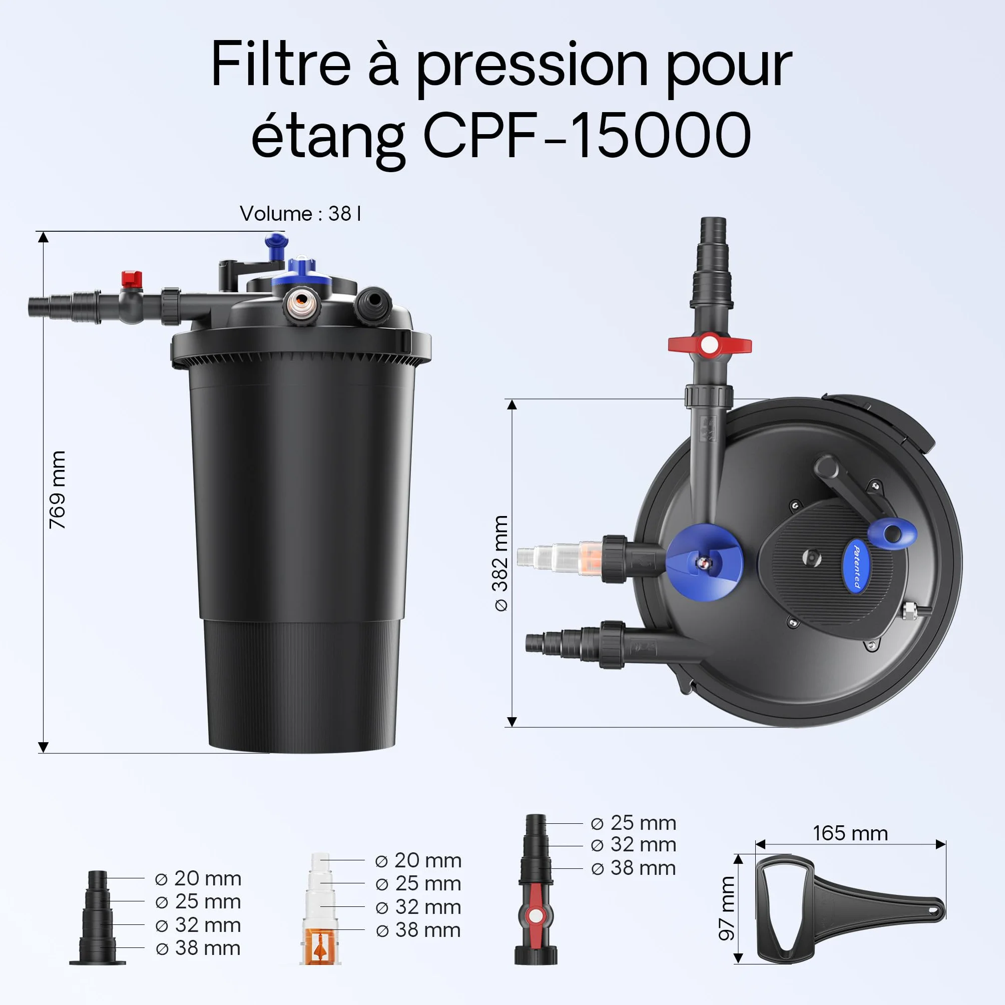 SunSun Kit complet Filtre de bassin à pression CPF-15000 30000 L 18W lampe UV NEO6000 SuperEco pompe 6000l/h 40W 5m Tuyau 38mm