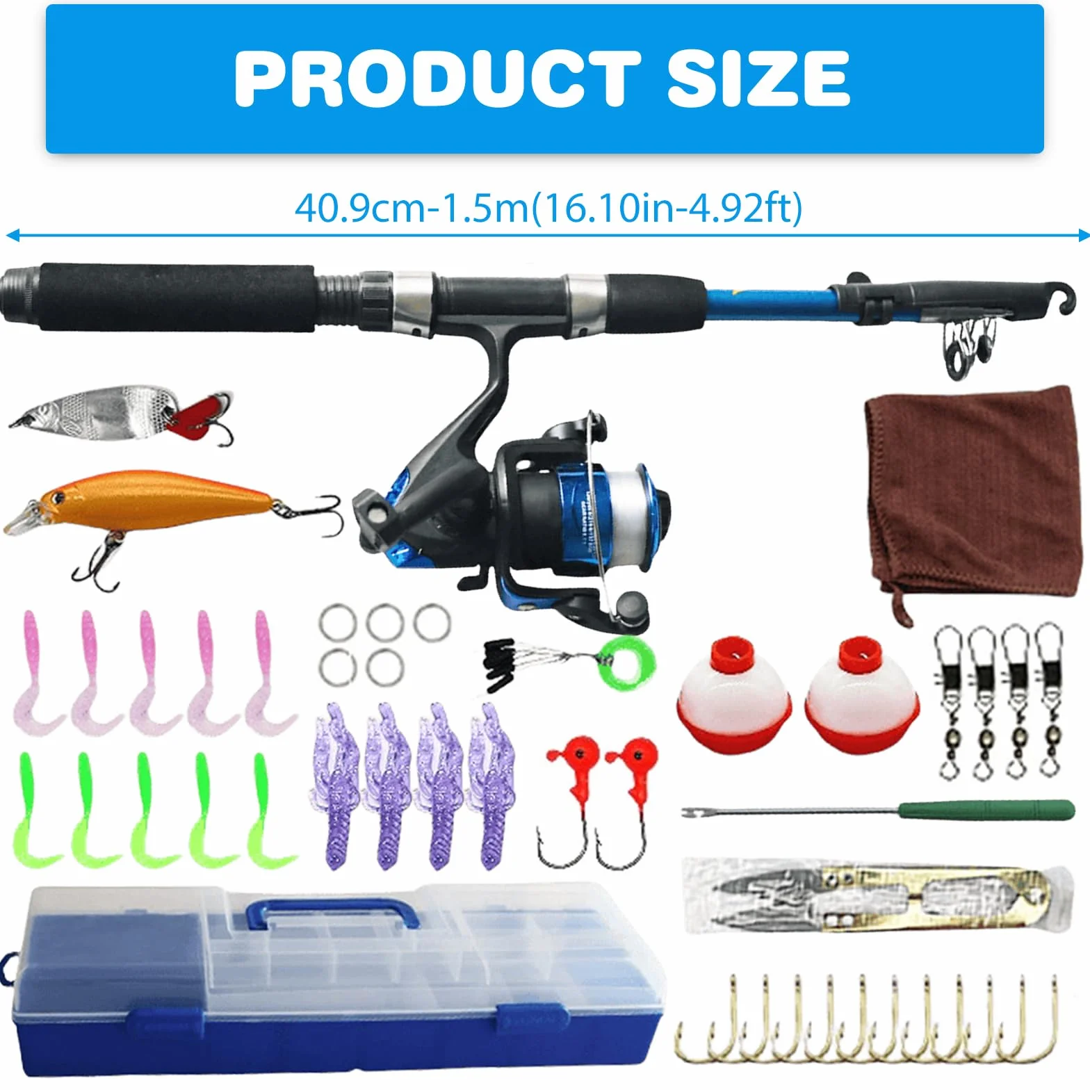 Kit de pêche complet pour enfants de 1,5 m avec moulinet et appât, canne à pêche télescopique en fibre de carbone et moulinet, accessoires de pêche pour enfants de 3 à 10 ans