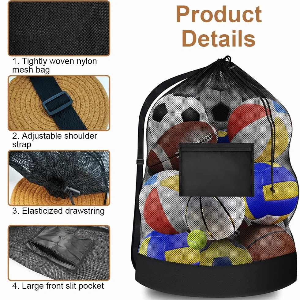 Sac pour ballons de football, 76 × 102 cm, sac de football en maille pour 8-15 ballons avec cordon de serrage et bandoulière
