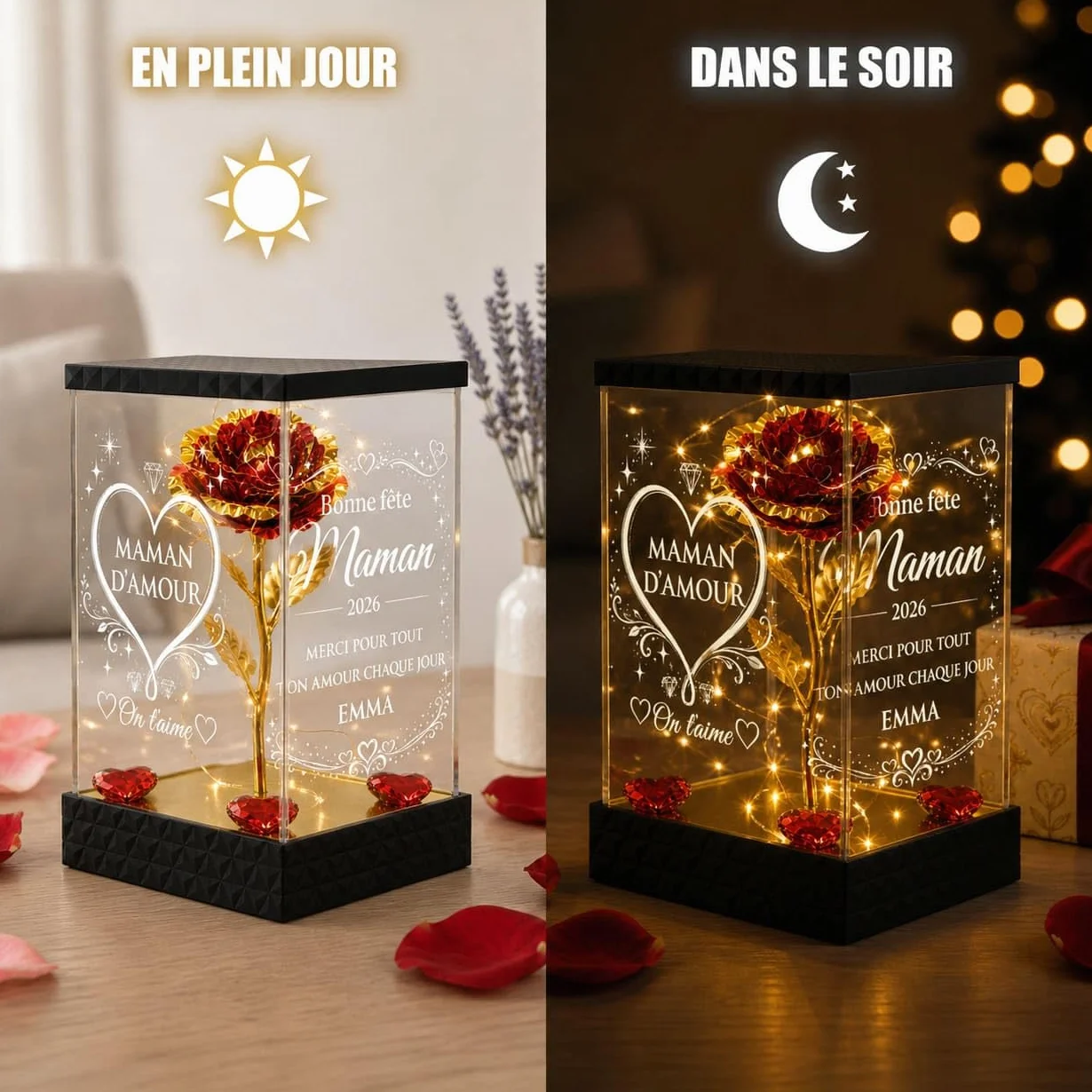 Rose Lumineuse Personnalisée Maman - Cadeau Fête des Mères Original, Lanterne LED 4 Faces Gravées, Rose Rouge Dorée avec Prénom