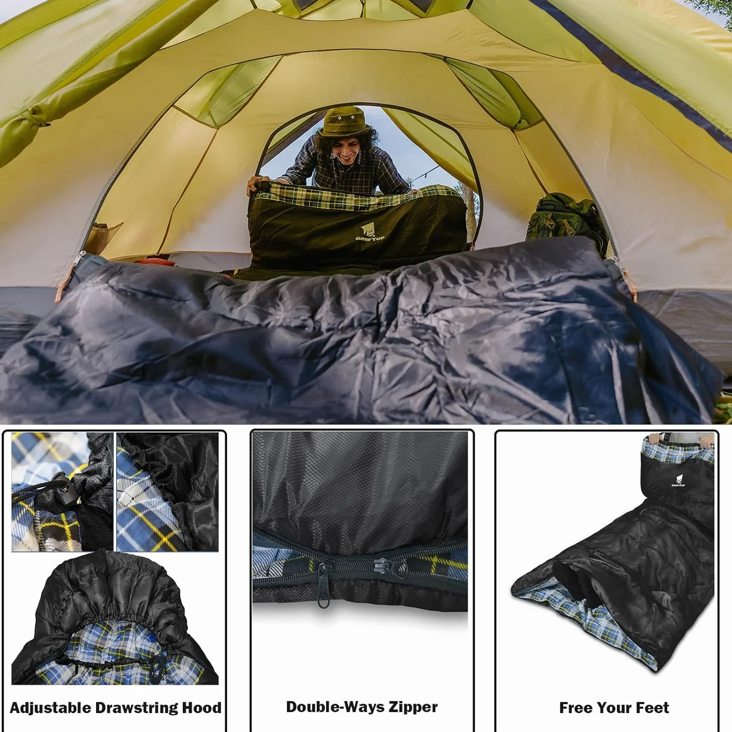 GEERTOP Sac de Couchage Adulte XXL 220 x 110cm, Sac de Couchage Hiver avec Sac de Compression Randonnee, Portable Léger pour Camping Trekking Les Activités de Plein Air
